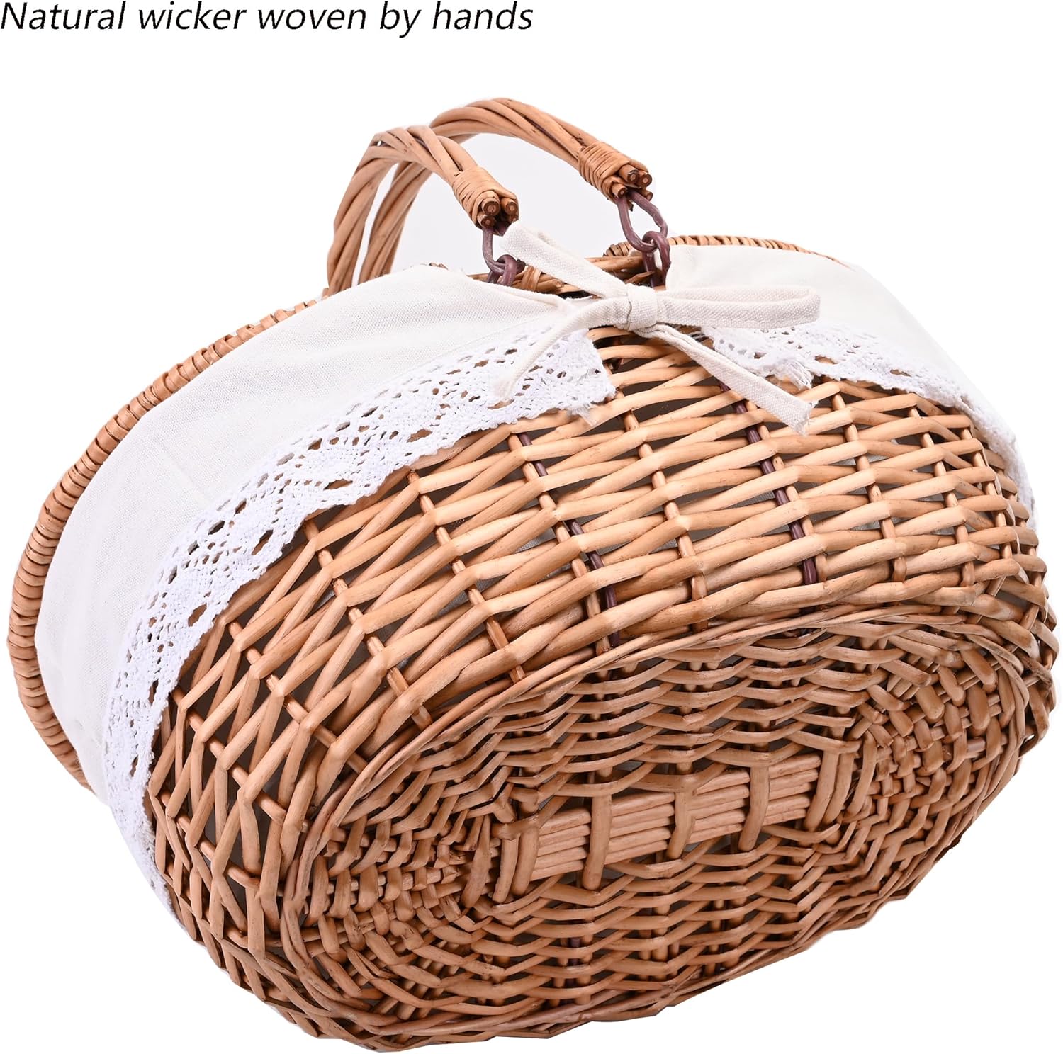 Cute 13" Wicker Picnic Basket with Removable Liner Empty Picnic Baskets with Lid, Picnic Hamper with Foldable Handles Picnic for 2, Natural Color,Small