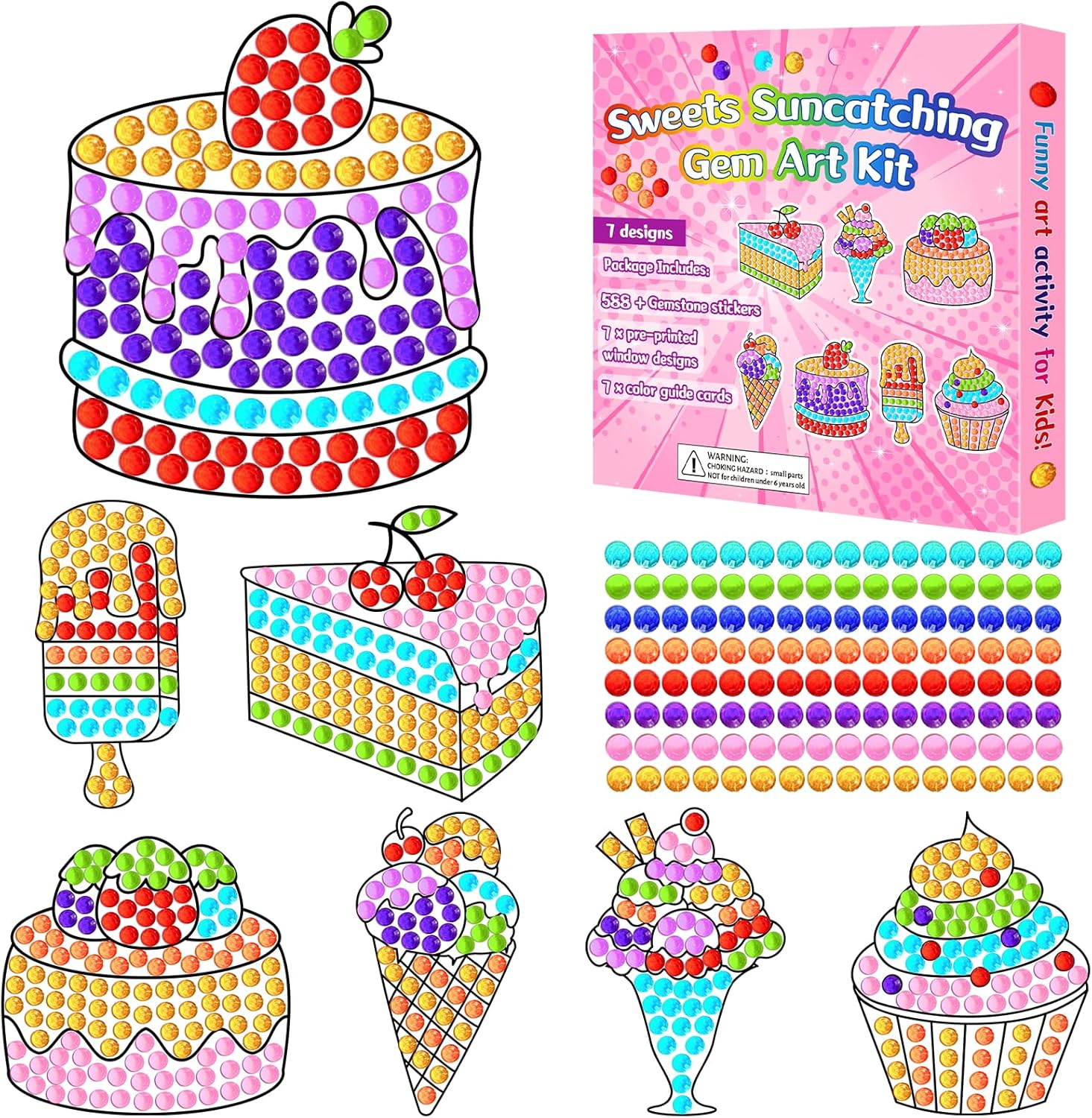 7pcs Summer Crafts Sweets Arts Crafts DIY Gem Diamond Suncatcher Crafts for Kids Cake Ice cream Diamond Painting Gift for Kids Girls Boys Aged 6 8 10 for Birthday Party Home School Decor