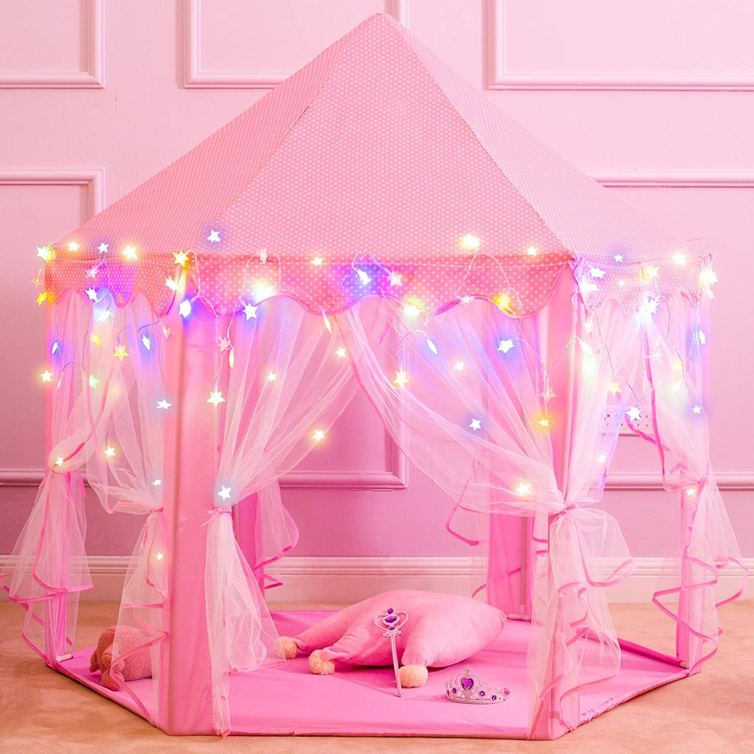 Princess Tent Girls Large Playhouse Kids Castle Play Tent with Star Lights, Bonus Princess Tiara and Wand Toy for Children Indoor & Outdoor Games, 55" x 53" Gifts Age 3+