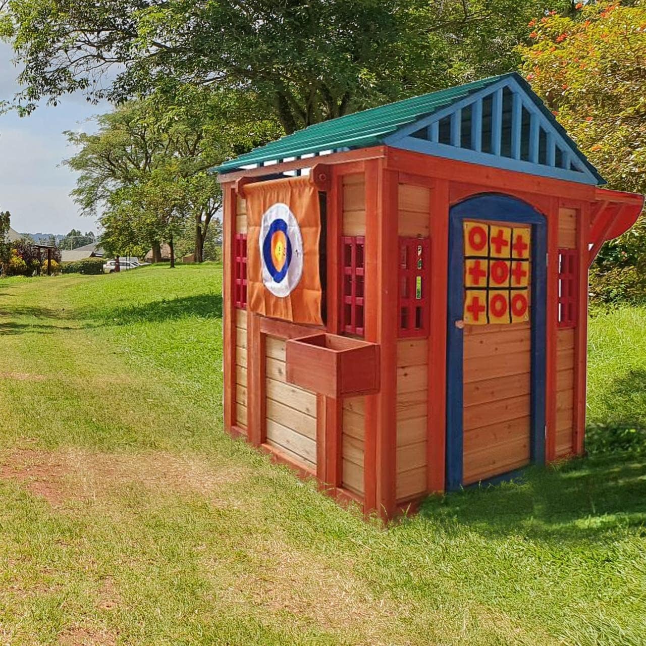 Outdoor Playhouse for Age 3-8 Years Boy Girl, Wooden Cottage Playhouse with 4 Game Awning Window, Ball Wall & Tetris. Play House for Outdoor Garden, Lawn, Patio, Yard.