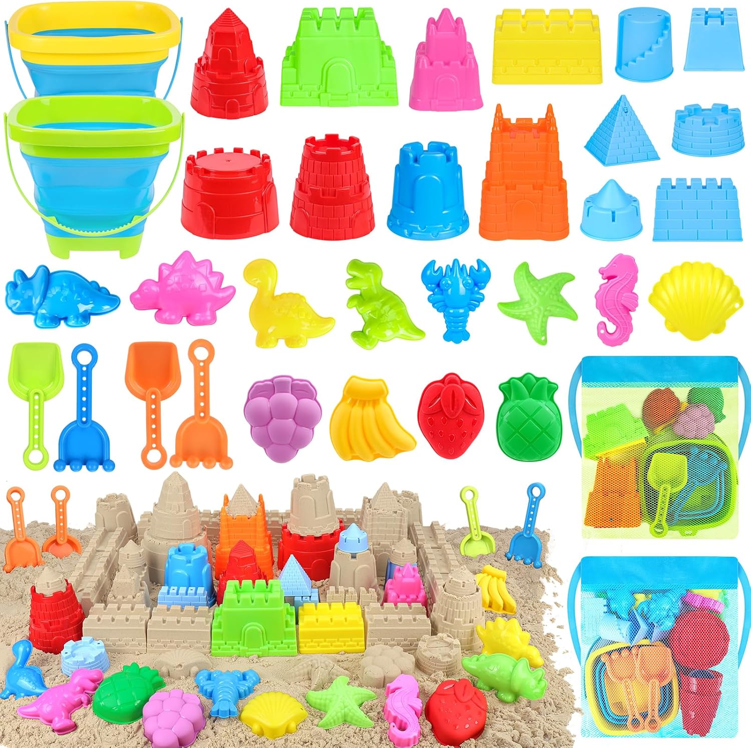 Collapsible Beach Toys Set for Kids Toddlers, Travel Sand Castle Toys for Beach with Mesh Bag & Sand Molds, Collapsible Sand Bucket and Shovel Set for Kids, Sandbox Toys for Toddlers Kids Age 3-12