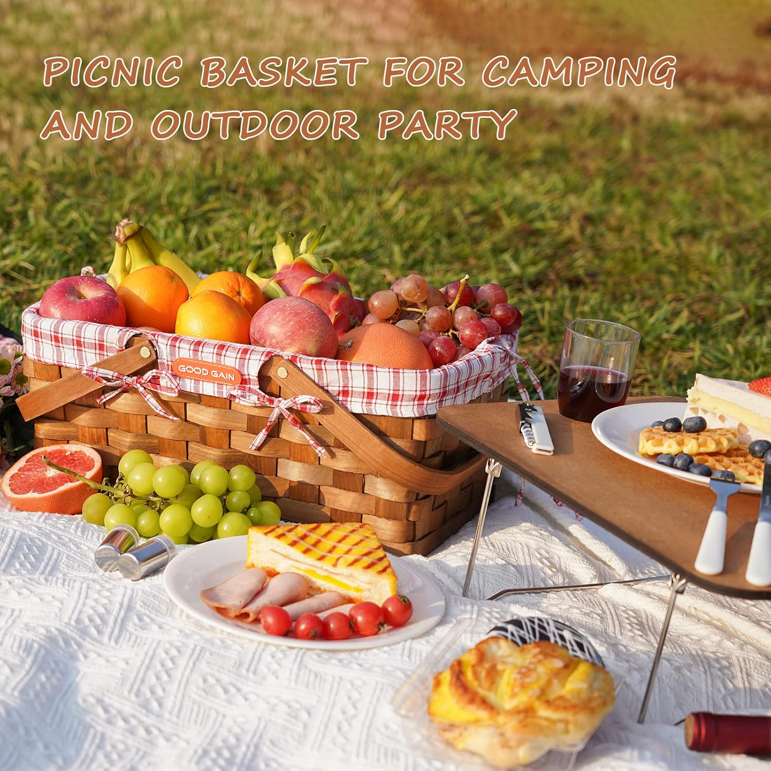 Woodchip Picnic Basket with Portable Wine Table, Woven Basket with 2 Swing Handles & Removable Lining, Empty Large Basket for Picnic, Outdoor, Camping, Family, Party, Wedding Gifts for Couple. RED