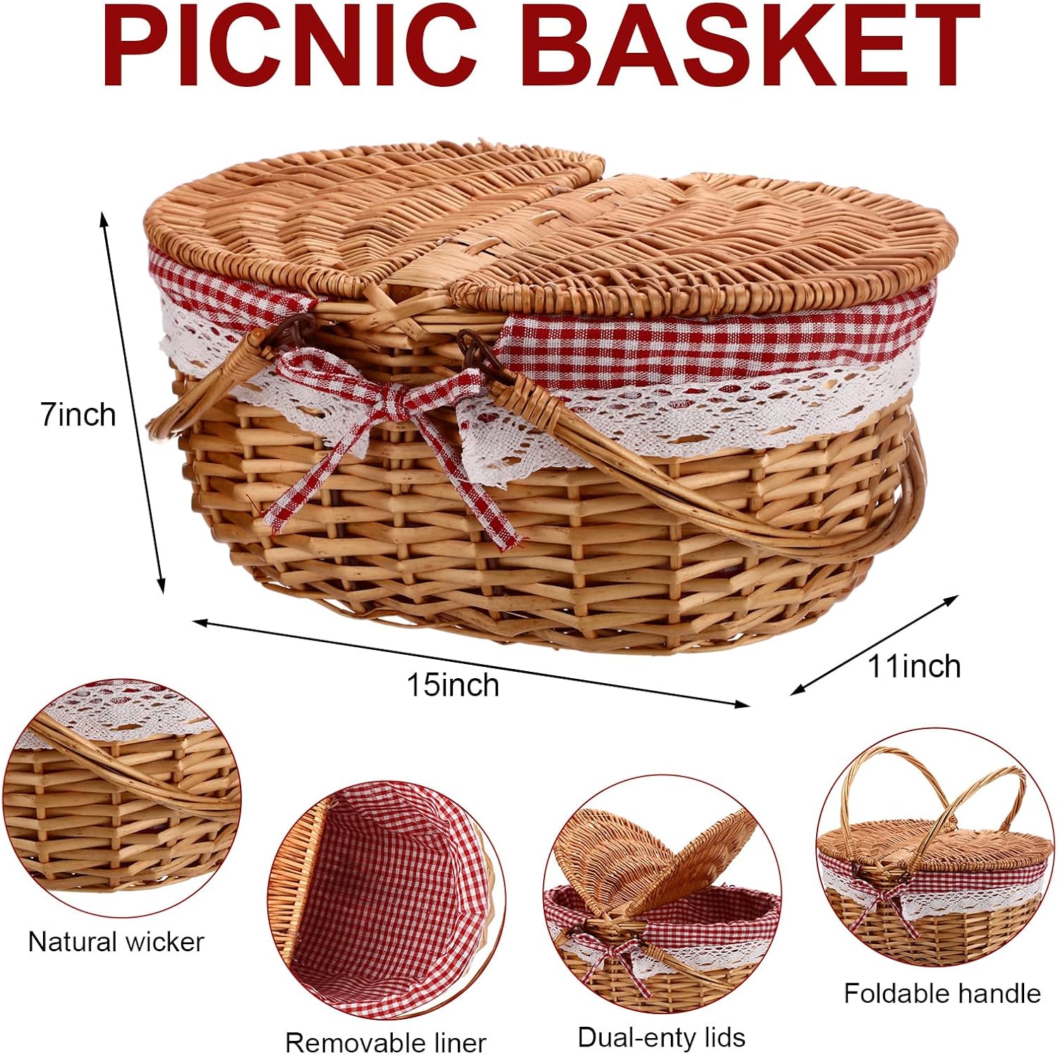 Picnic Basket with Blankets and Bamboo Plates Picnic Supplies Set Basket with Lid and Handle Wicker Picnic Basket Sturdy Woven Body with Washable Lining for Camping(Red)