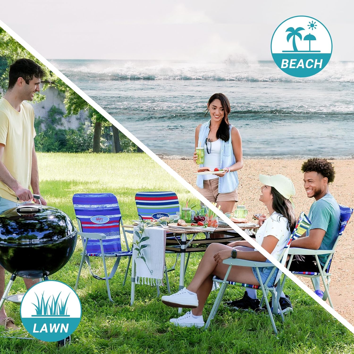 #WEJOY Folding Beach Chair for Adults, Lightweight Beach Chair with Shoulder Straps, High Back Beach Chairs with Hard Armrest, Supports 300lbs for Beach Lawn Concert, Cyan