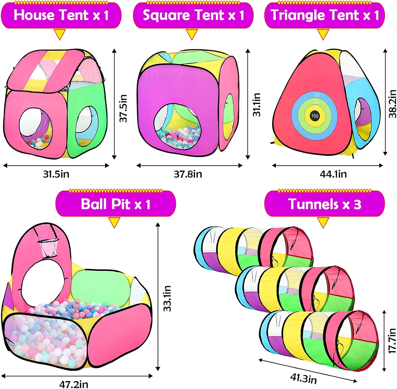 wilwolfer 7pc Kids Play Tent for Toddler with 1 Baby Ball Pits, 3 Baby Crawl Tunnels, 3 Pop Up Tents, Indoor Outdoor Playhouse Toys for Boys/Girls, Gift Target Game with 4 Dart Balls