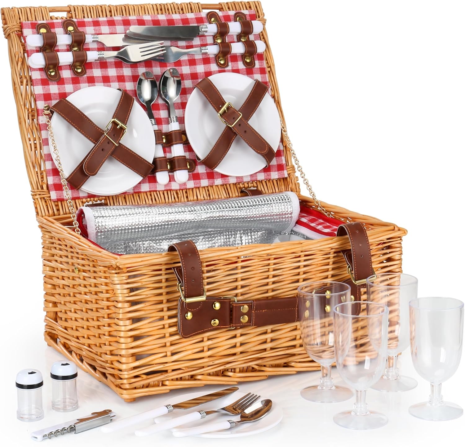 Wicker Picnic Basket Set for 4 Persons,Willow Hamper with Large Insulated Cooler Compartment,Plates,Wine Glasses, Flatware Perfect for Picnic, Camping (Pink & White)