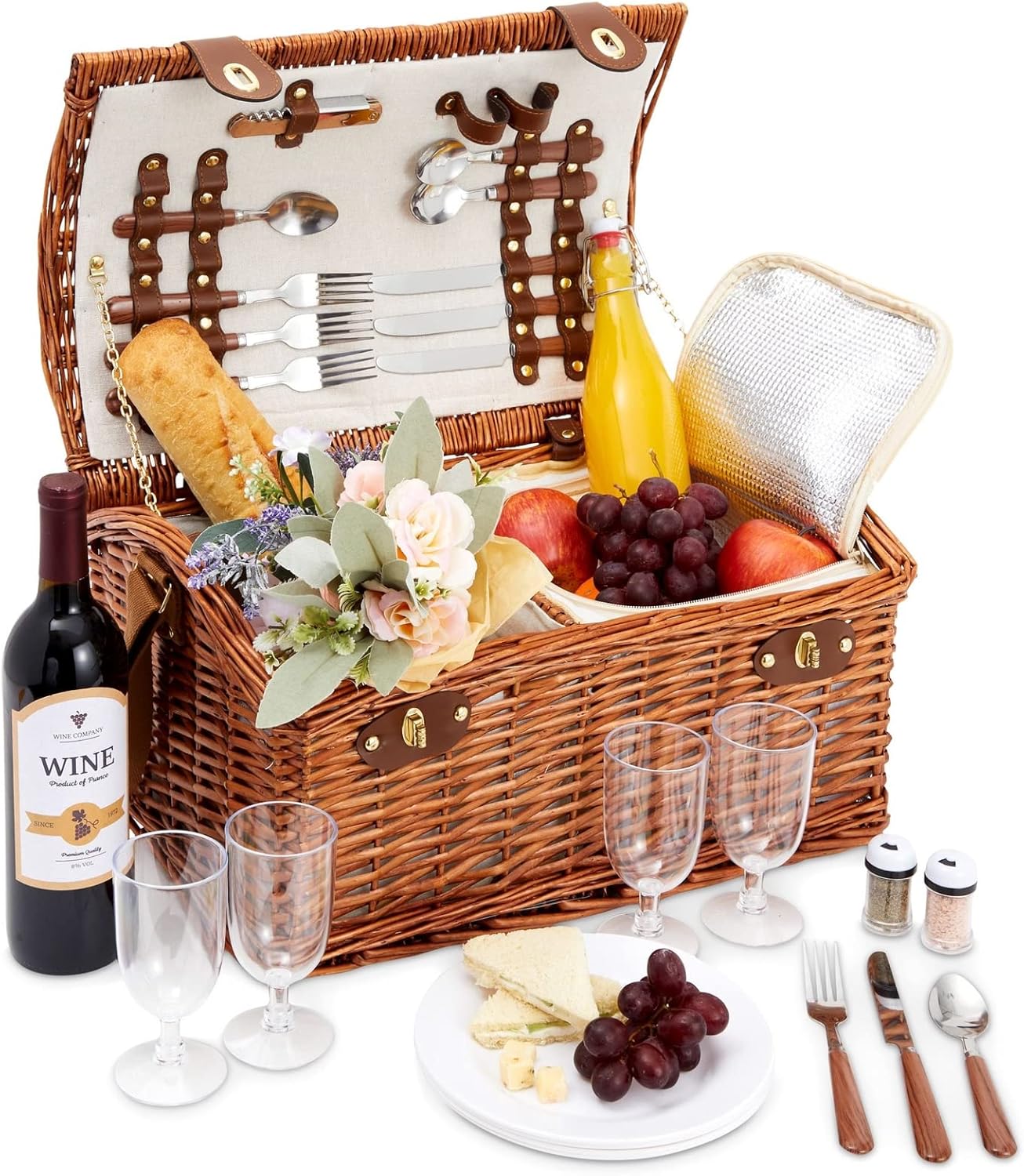 Juvale Wicker Picnic Basket for 4 with Utensils, Glasses, and Insulated Cooler Bag - Camping and Picnic Essentials Kit