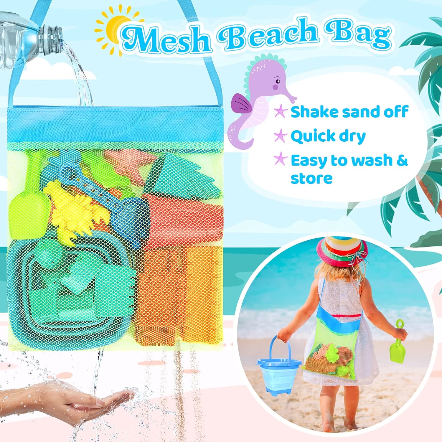 Collapsible Beach Toys for Kids Toddlers, Sand Bucket and Shovels Set with Mesh Bag, Sand Castle Toys for Beach, Travel Sand Toys, Sandbox Toys for Toddlers Kids Age 3-10