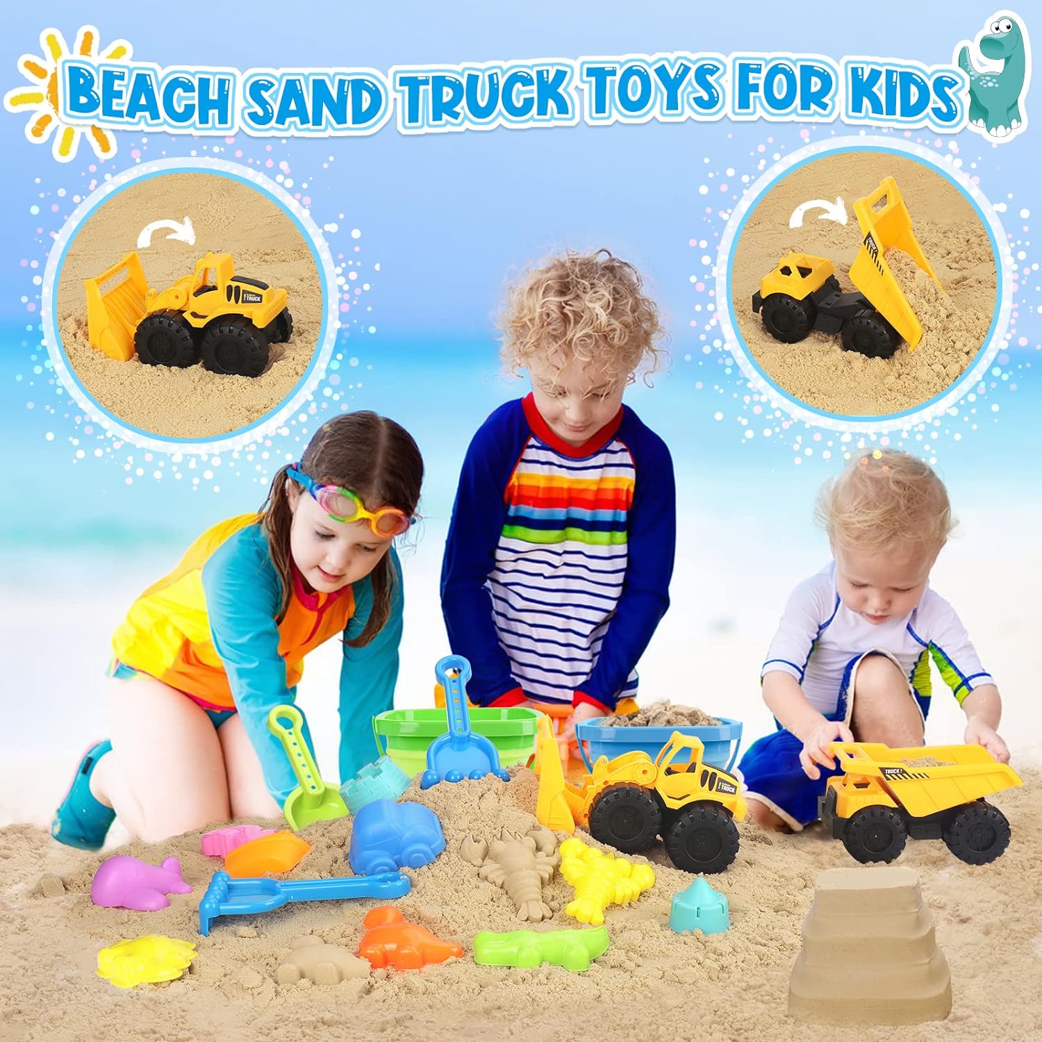 Beach Toys, 31Pcs Sand Toys, Sandbox Toys with 2 Truck 2 Collapsible Sand Bucket, Shovel Set, Sand Castle Kit, Animal Dinosaur Molds etc. Mesh Bag, Travel Toys for Kids Toddlers Boys Girls