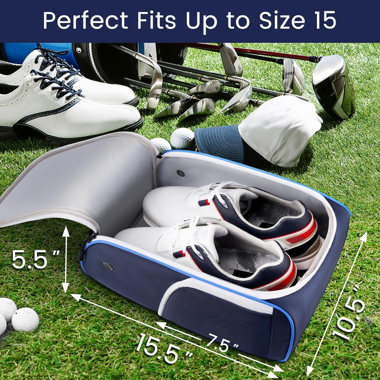 YOREPEK Golf Shoe Bag, with 3 Pockets for Socks, Gloves, Tees, Balls, Brush, Designed with a Buckle Top Carry Handle, Zippered Sport Shoe Carrier Bags with Ventilation, Golf Gifts for Men Unique,Blue