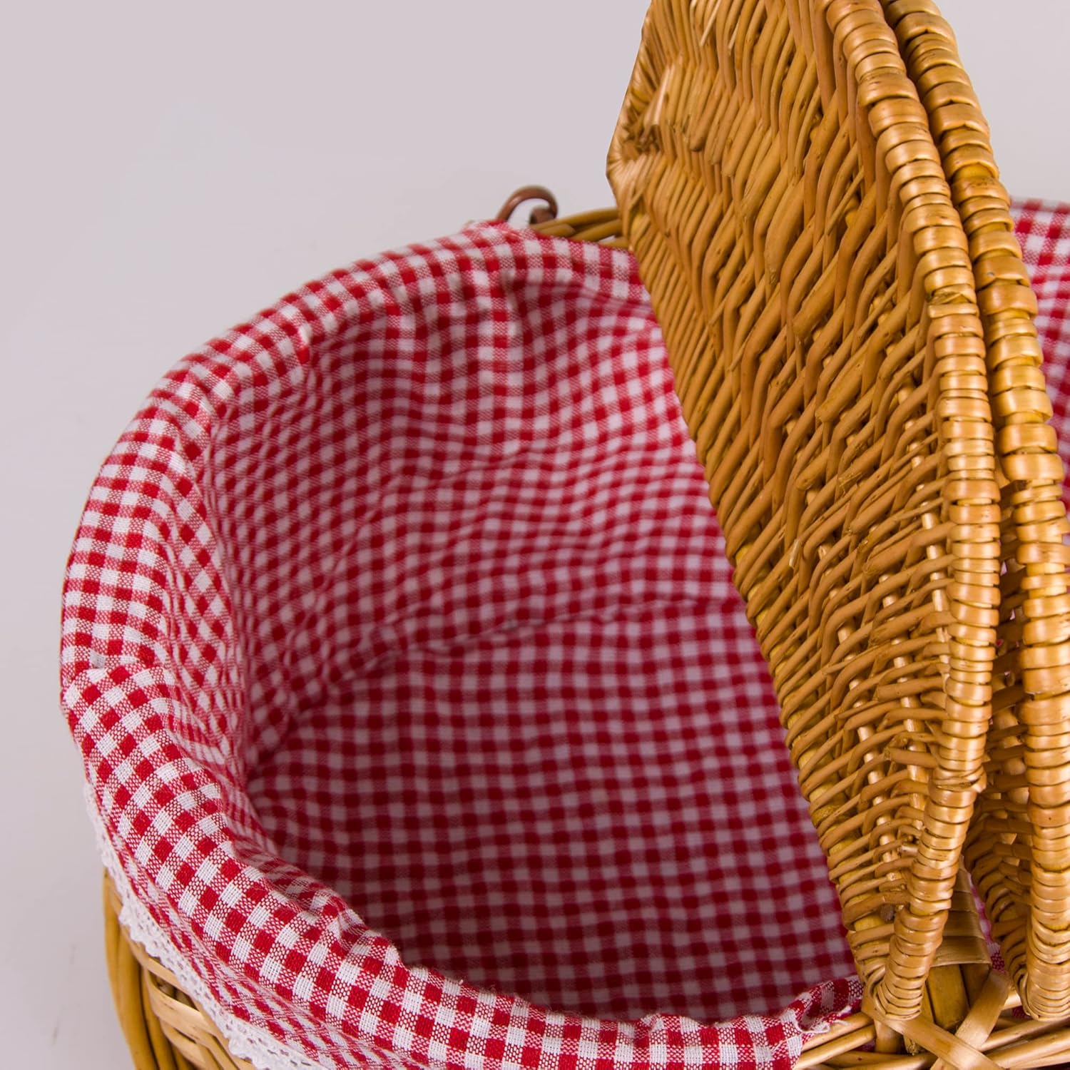 Wicker Picnic Basket with Lid and Handle Sturdy Woven Body with Washable Plaids Liner,Red