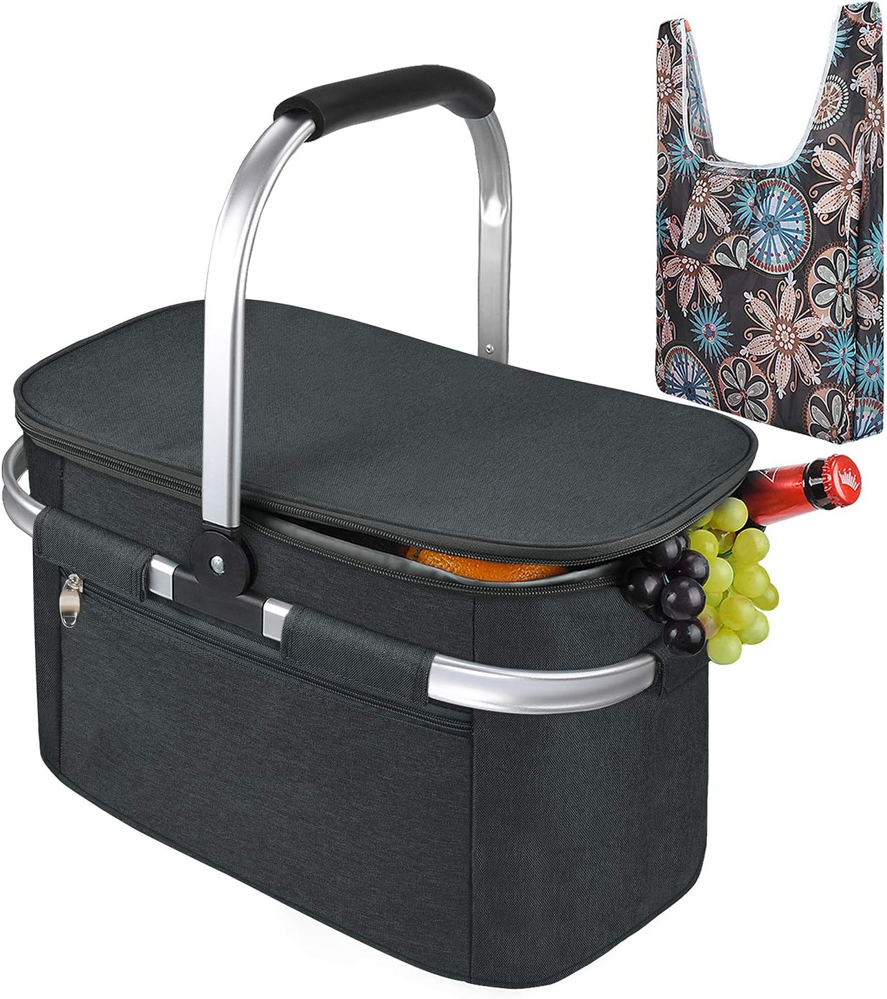 Tirrinia Large Insulated Picnic Basket, 34L Water Resistant & Leakproof Collapsible Portable Cooler Basket Set with Aluminium Handle for Travel, with a Free Foldable Grocery Bag, Black