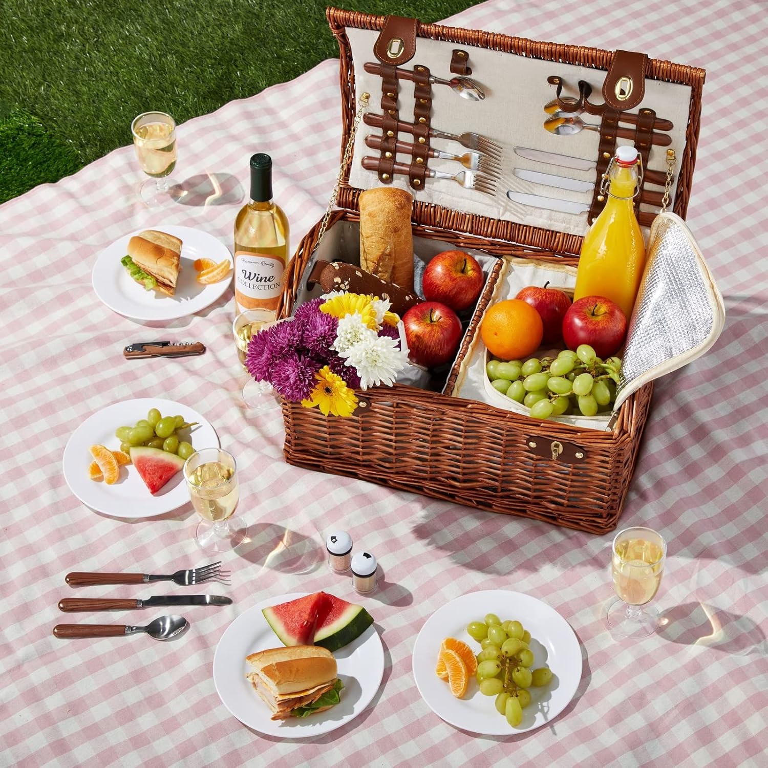 Juvale Wicker Picnic Basket for 4 with Utensils, Glasses, and Insulated Cooler Bag - Camping and Picnic Essentials Kit