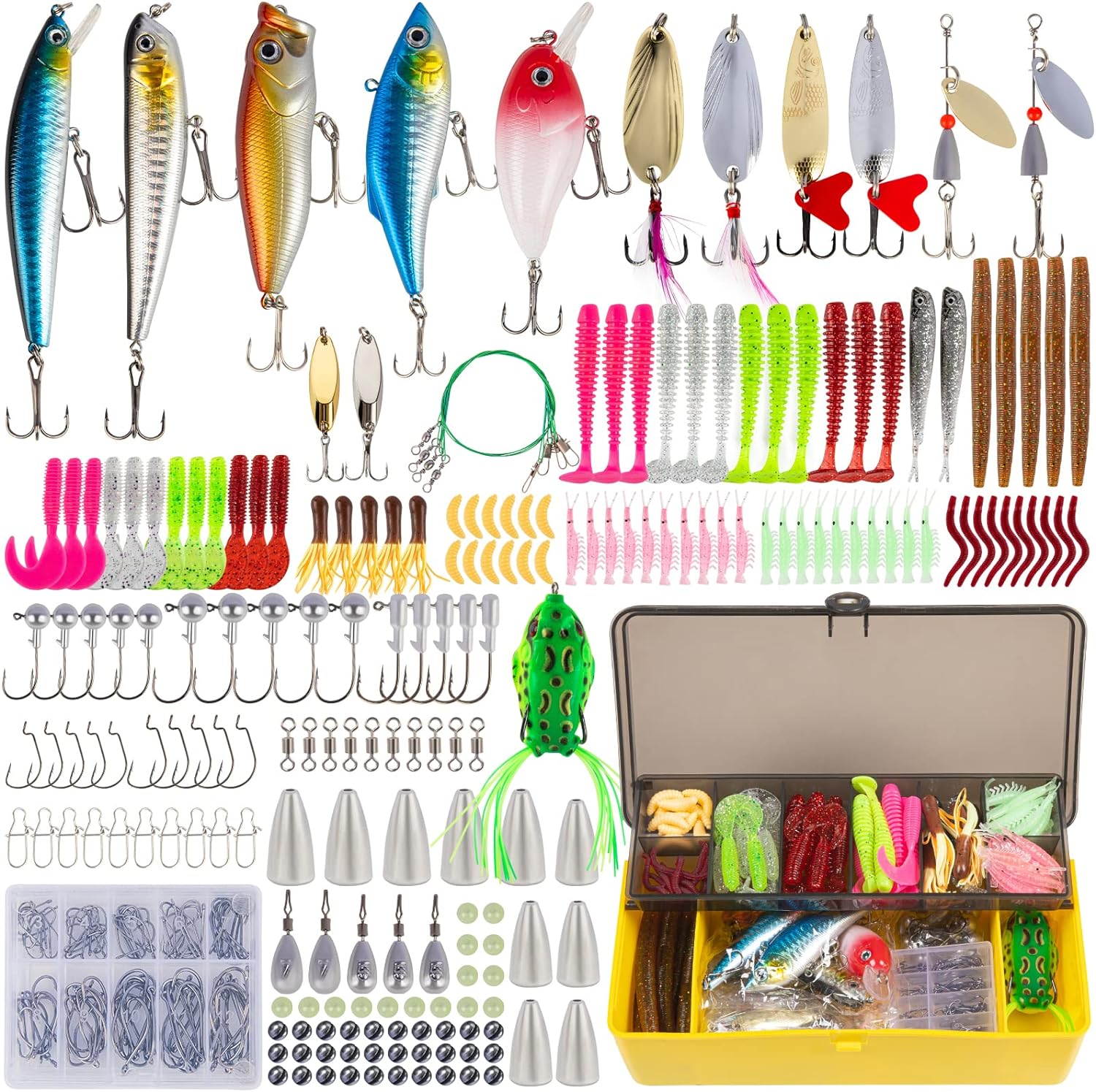 GOANDO Fishing Lures Fishing Gear Tackle Box Fishing Attractants for Bass Trout Salmon Fishing Accessories Including Spoon Lures Soft Plastic Worms Crankbait Jigs Fishing Hooks