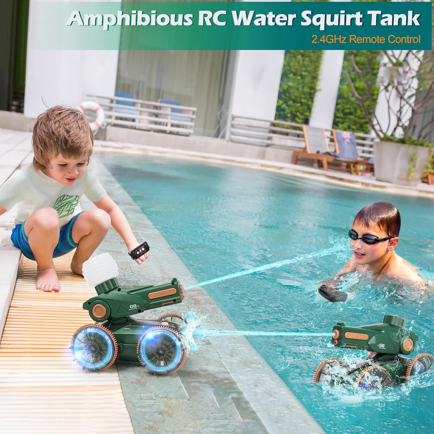 Toys for Kids 6-12 Remote Control Car Water Squirt Tank Gifts for Boys Girls 5-7 8 9 10 11 Year Old Amphibious RC Gesture Stunt Boat with Lights & Self-Dispensing Cool Outdoor Summer Beach Pool Toy