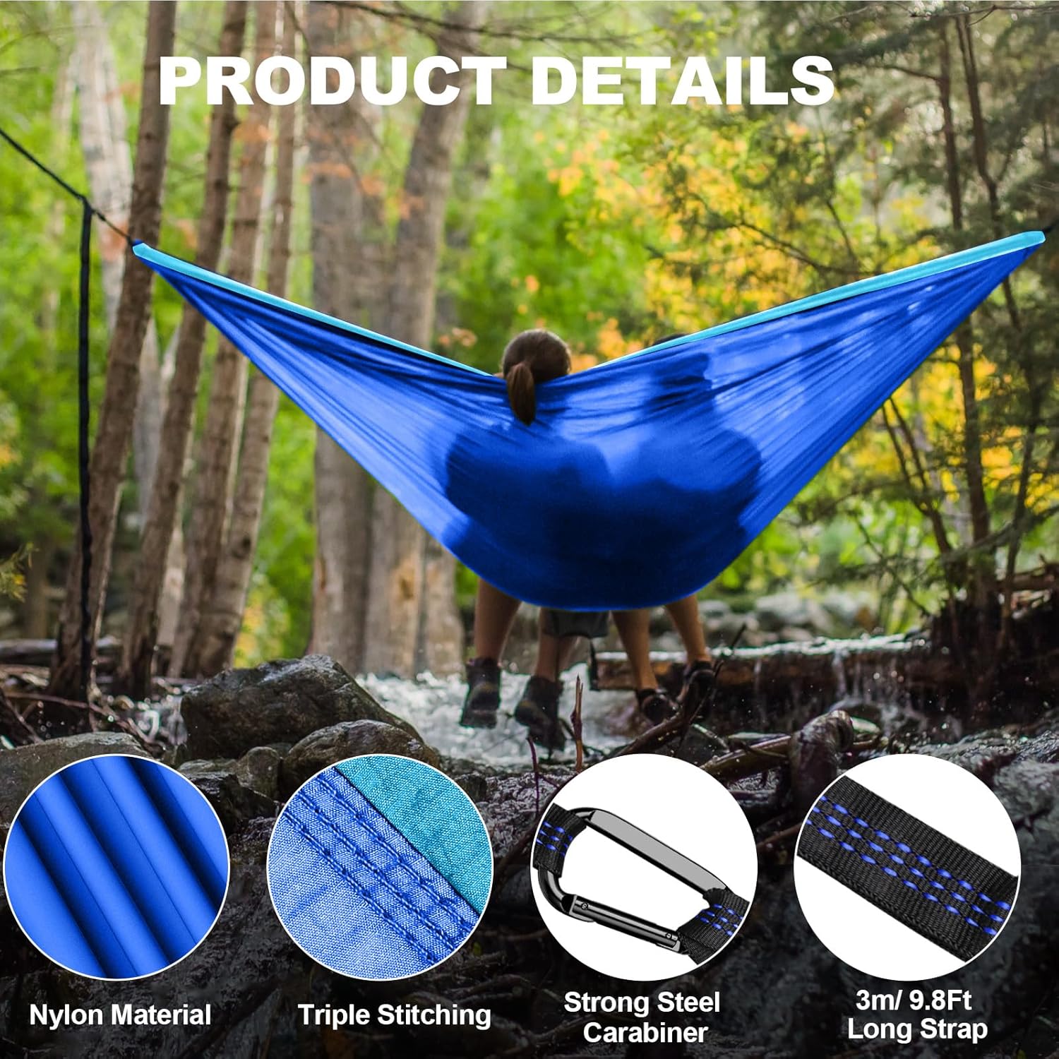 PHYSEN Camping Hammock - Hammock - Camping Gear - 2 Person Hammock - Backpacking Tree Hammock - Double Hammock Camping - Hiking Gear - Portable Hammock for Camping - Travel Hammock - Outdoor Blue