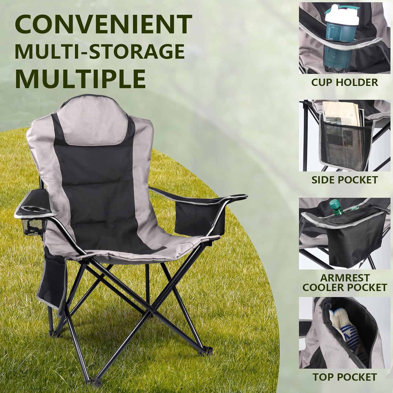 Camping Chair,Outdoor Folding Chairs,Heavy Duty Directors Chair for Adults，Portable Camp Chairs with Cup Holder & Storage Cooler Bag, Oversized Lawn Chairs for Outside, Support 350 LBS