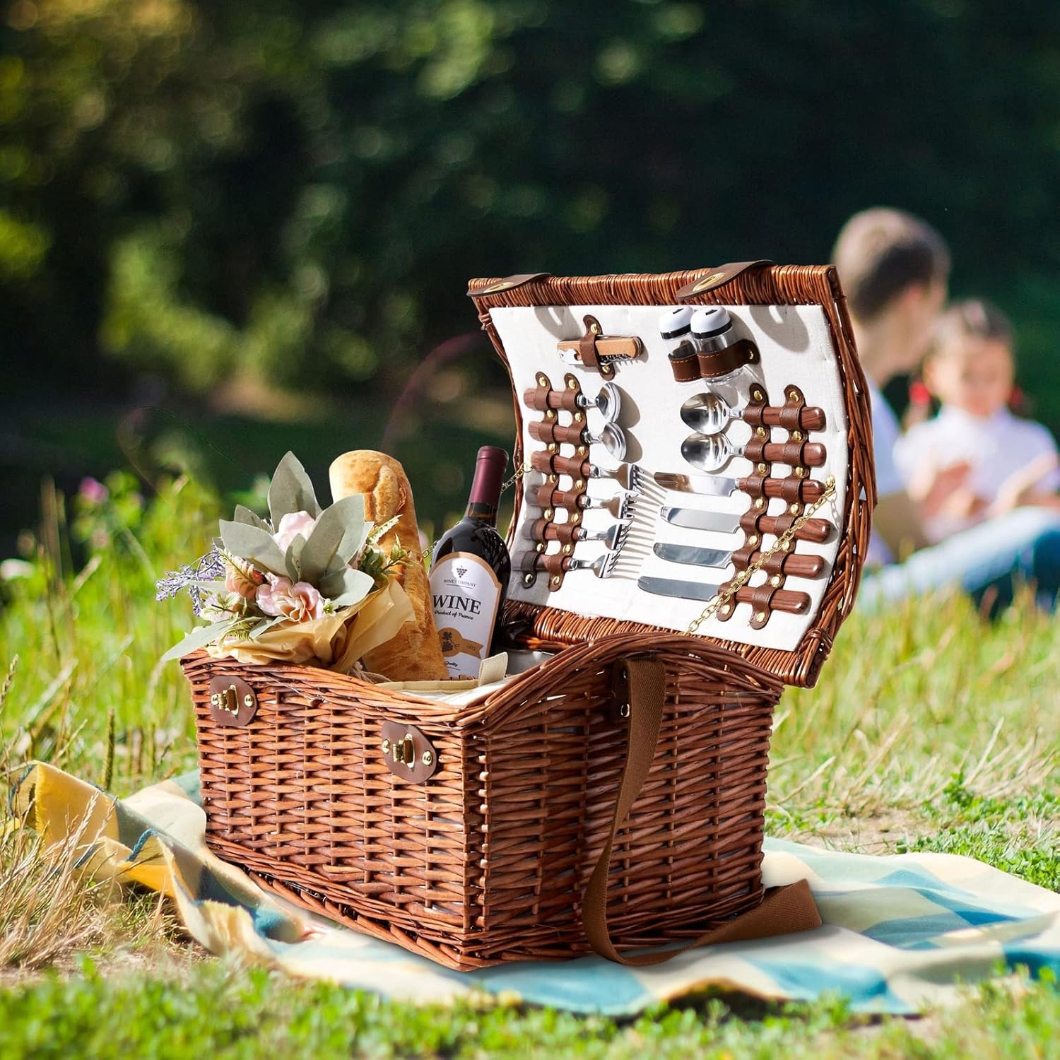 Juvale Wicker Picnic Basket for 4 with Utensils, Glasses, and Insulated Cooler Bag - Camping and Picnic Essentials Kit