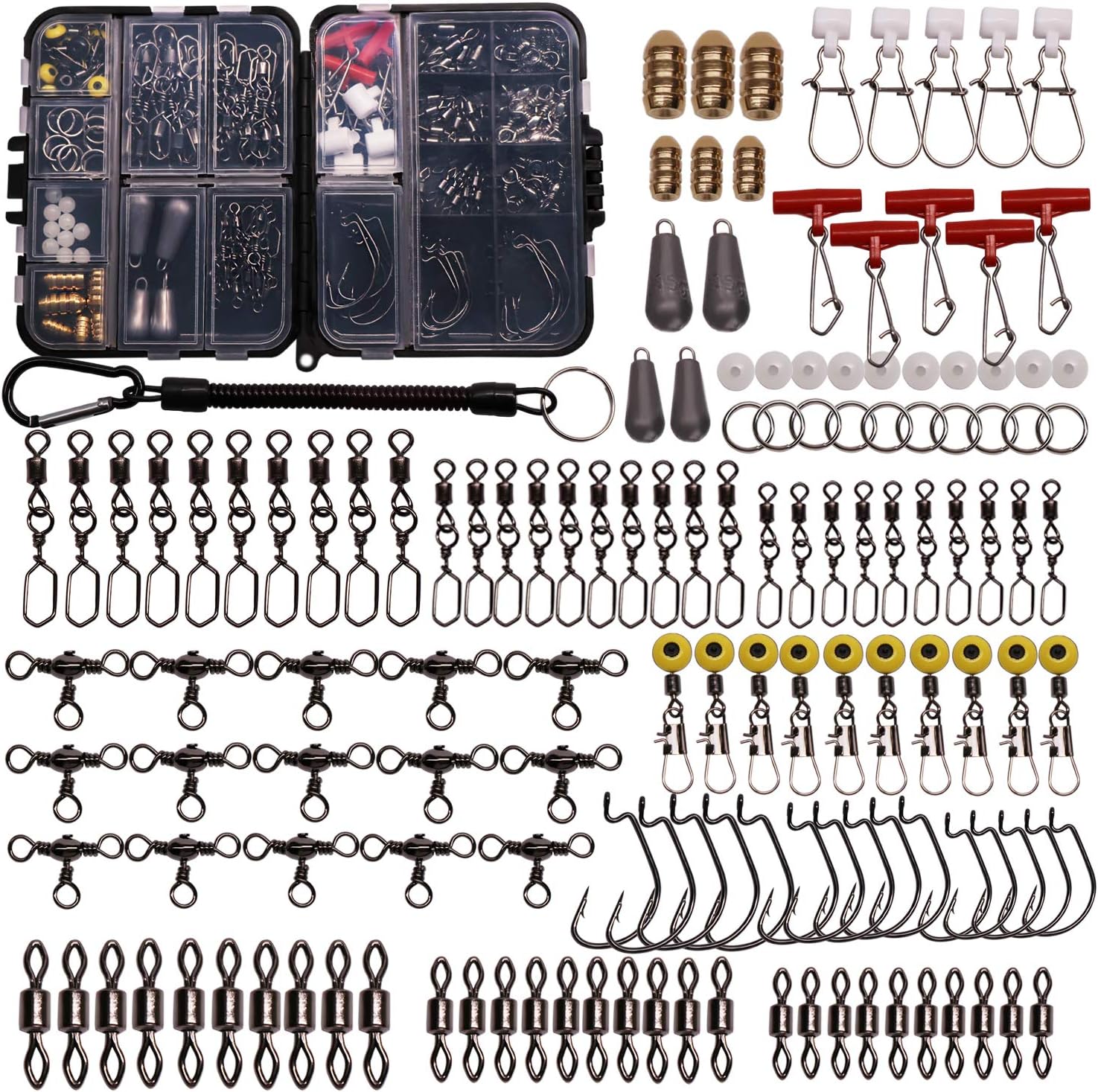 Fishing Accessories Kit with Hooks Bass Casting Sinkers Fishing Swivels Snaps Sinker Slides Fishing Line Beads Fishing Set with Tackle Box Lanyard