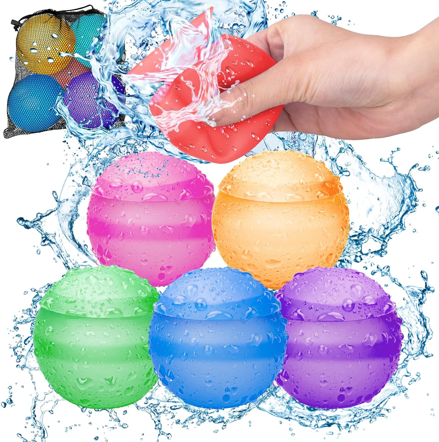 Reusable Water Balloons for Kids Adults, Refillable Summer Beach Pool Toys for 3 4 5 6 7 8 9 10 11 12 Year Old Boys Girls, Quick Fill Self-Sealing Outdoor Backyard Activities Games for Fun (6 Pcs)