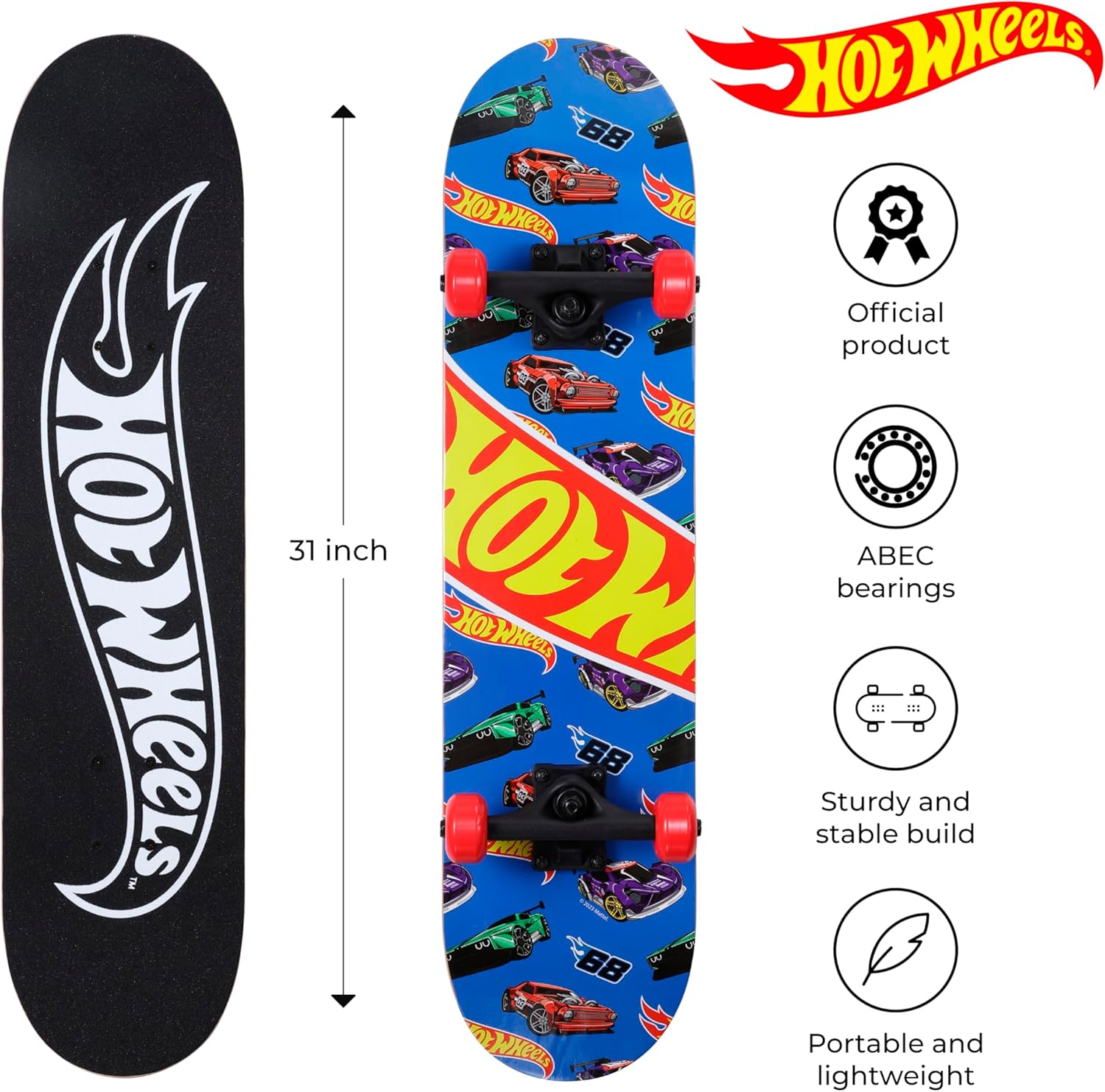 Hot Wheels 31 inch Skateboard, 9-ply Maple Desk Skate Board for Cruising, Carving, Tricks and Downhill