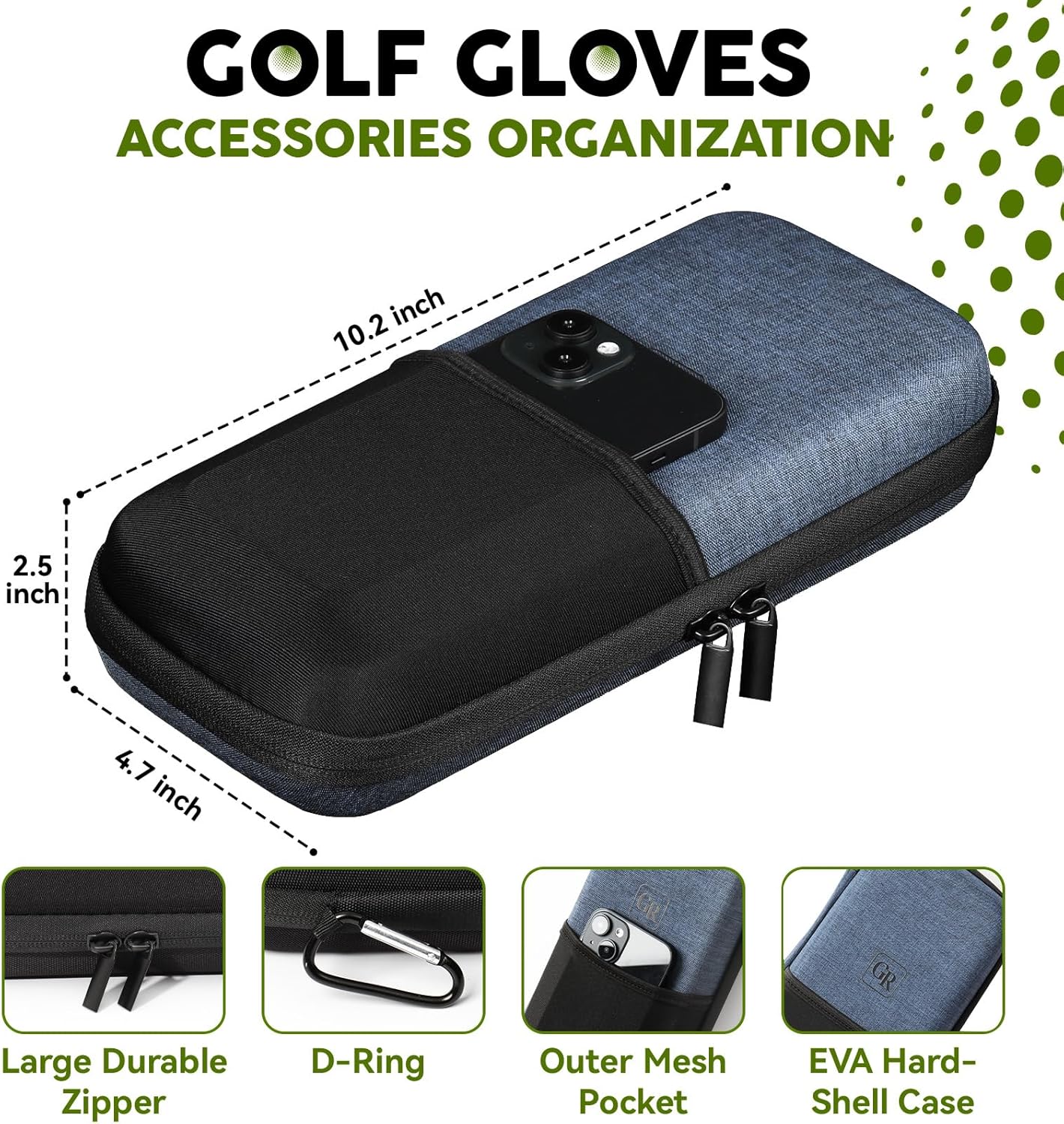 Odor-Proof Golf Glove Holder Case for Men with Glove Shaper - Fits Golf Club Bag, Golf Organizer Storage for Phone, Tees, Divot Tool, Ball Markers, Golf Accessories, Golf Father Day Gifts for Men