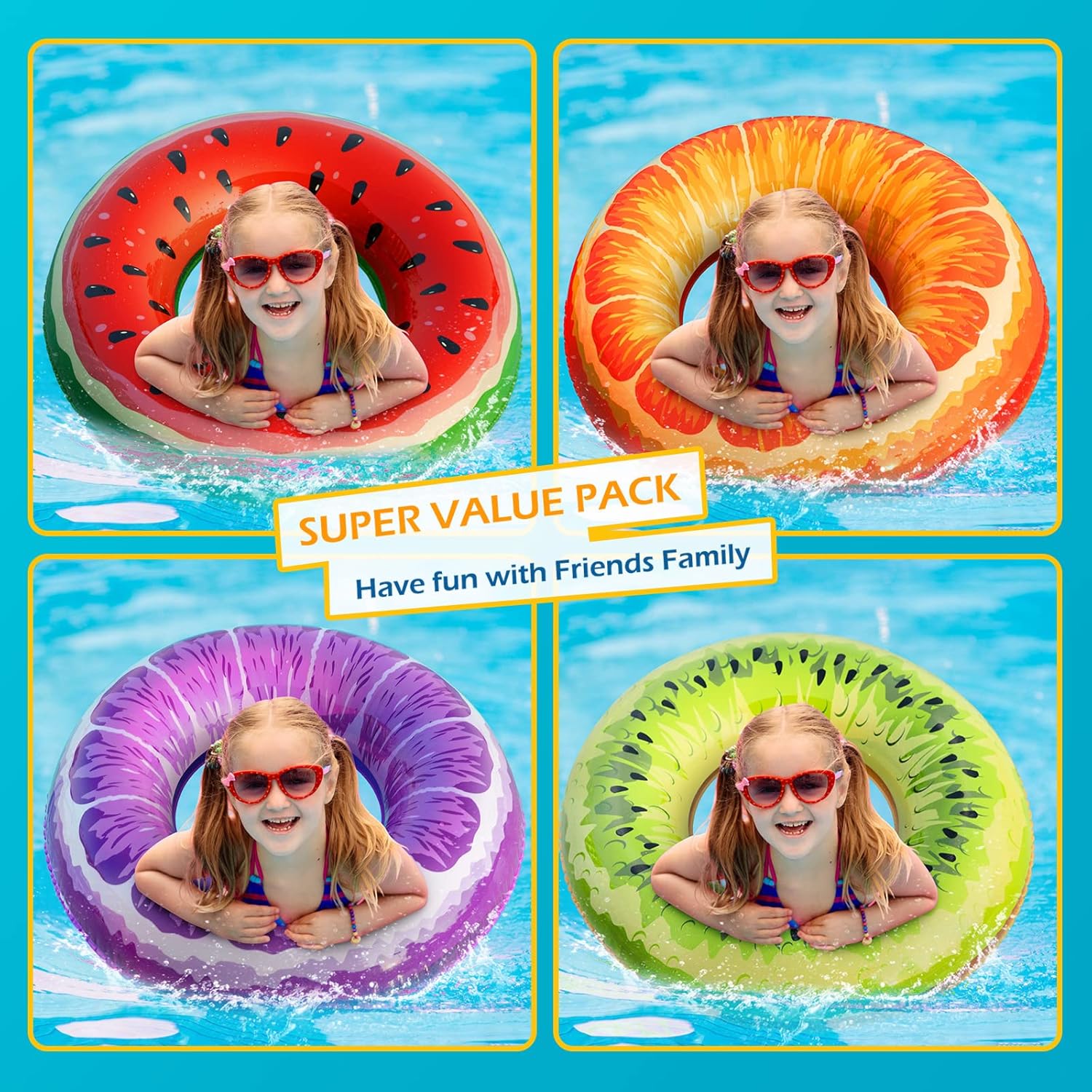 Jasonwell Inflatable Pool Floats Kids - 2 Pack Floaties Pool Tubes Swim Rings Fruit Water Floaty Watermelon Kiwi Inflatable Pool Toys Float for Swimming Pool Party Lake Beach Adults