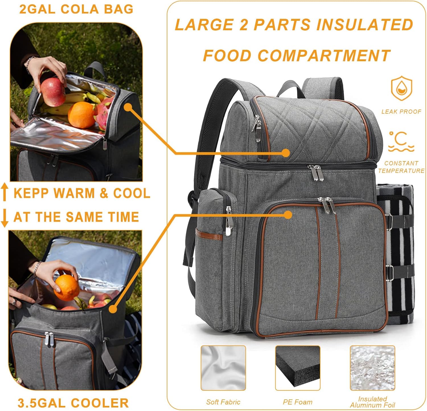 Picnic Backpack for 4, Picnic Basket Set, Leakproof Picnic Bag, Beach Cooler Backpack with Insulated Cooler Wine Pouch,Picnic Blanket, Double Deck Picnic Backpack for Beach,Camping,Park(Grey)