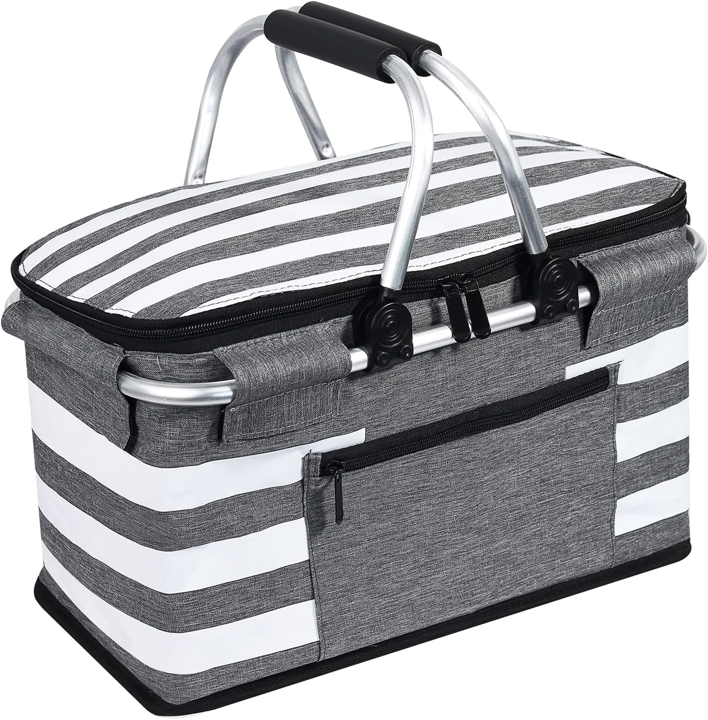 Insulated Picnic Basket,Leak-Proof Collapsible Cooler Bag,26L Grocery Basket with Lid,2 Sturdy Handles,Storage Basket for Picnic,Food Delivery,Take Outs,Market Shopping,Travel (Gray)