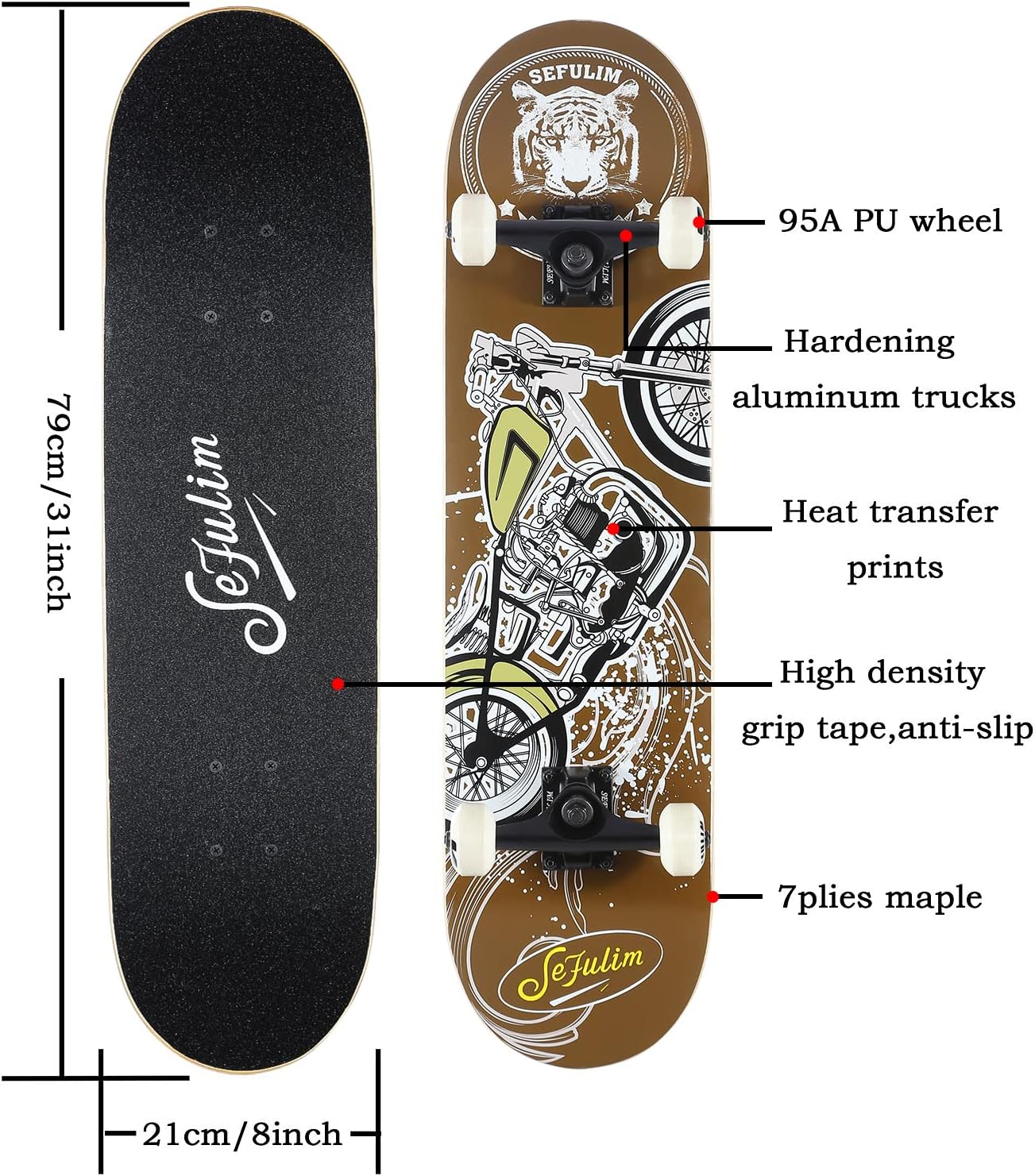 Sefulim 31 x 8 Inch Complete Skateboard 7 Layer Canadian Maple Double Kick Deck Concave Cruiser Trick Skateboard for Boys Girls Teens Adults Beginner