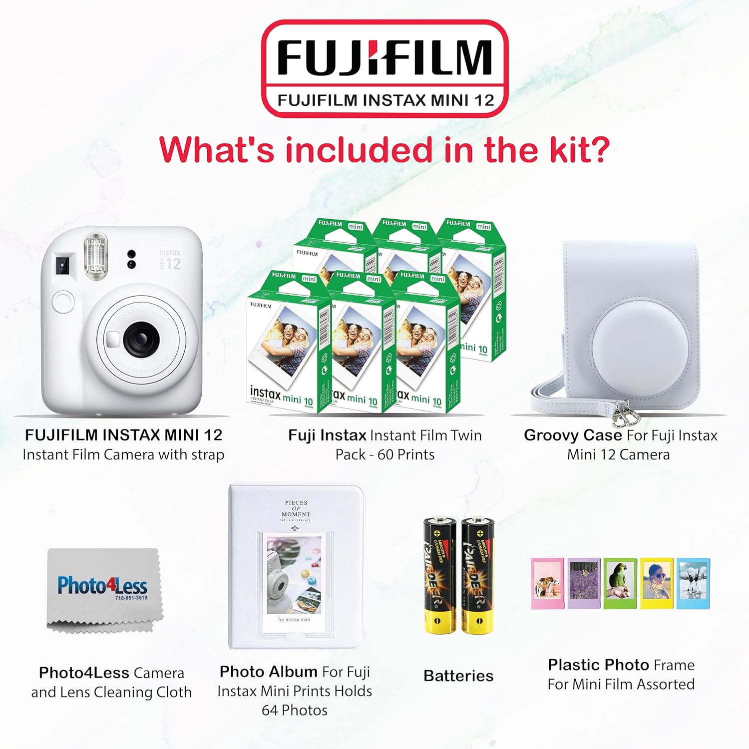 Fujifilm Instax Mini 12 Instant Camera Bundle with Fujifilm Instax Mini Instant Film Value Pack (60 Sheets) with Accessories Including Protective Case, Strap, Photo Album (Clay White)