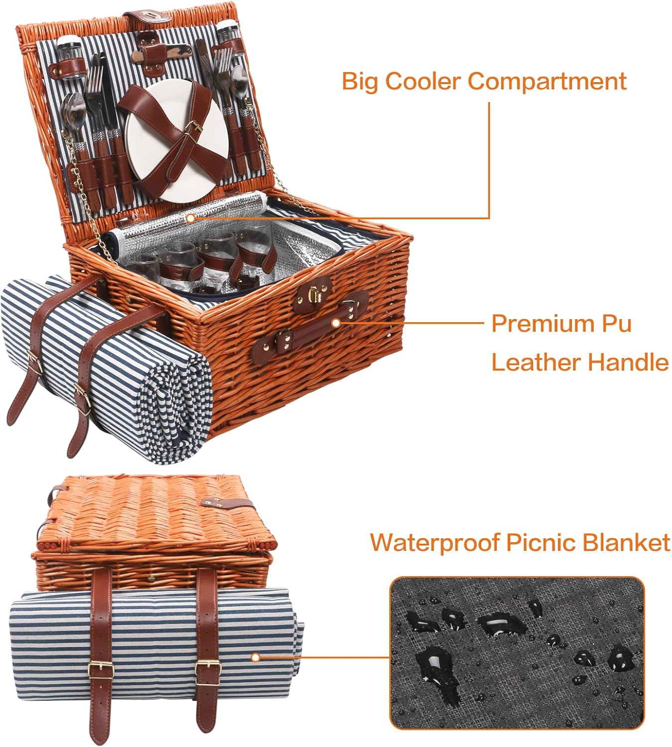 Willow Picnic Basket for 4 Persons with Insulated Compartment, Picnic Basket Sets with Utensils Cutlery Perfect for Valentine Day Wedding, Wicker Hamper for Outdoor Patio Lawn Garden Picnic & Camping