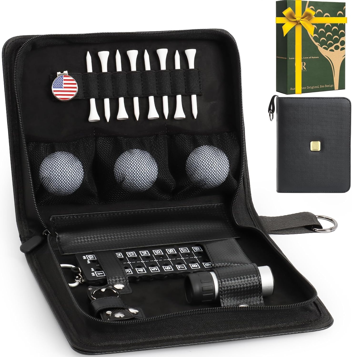 Golf Fathers Day Dad Gifts for Men from Daughter Son Wife - Golf Accessories Set includes Golf Balls, Golf Tees, Golf Divot Tool, Rangefinder, Golf Scorer, Ball Marker & Hat Clip in Hi-End Case