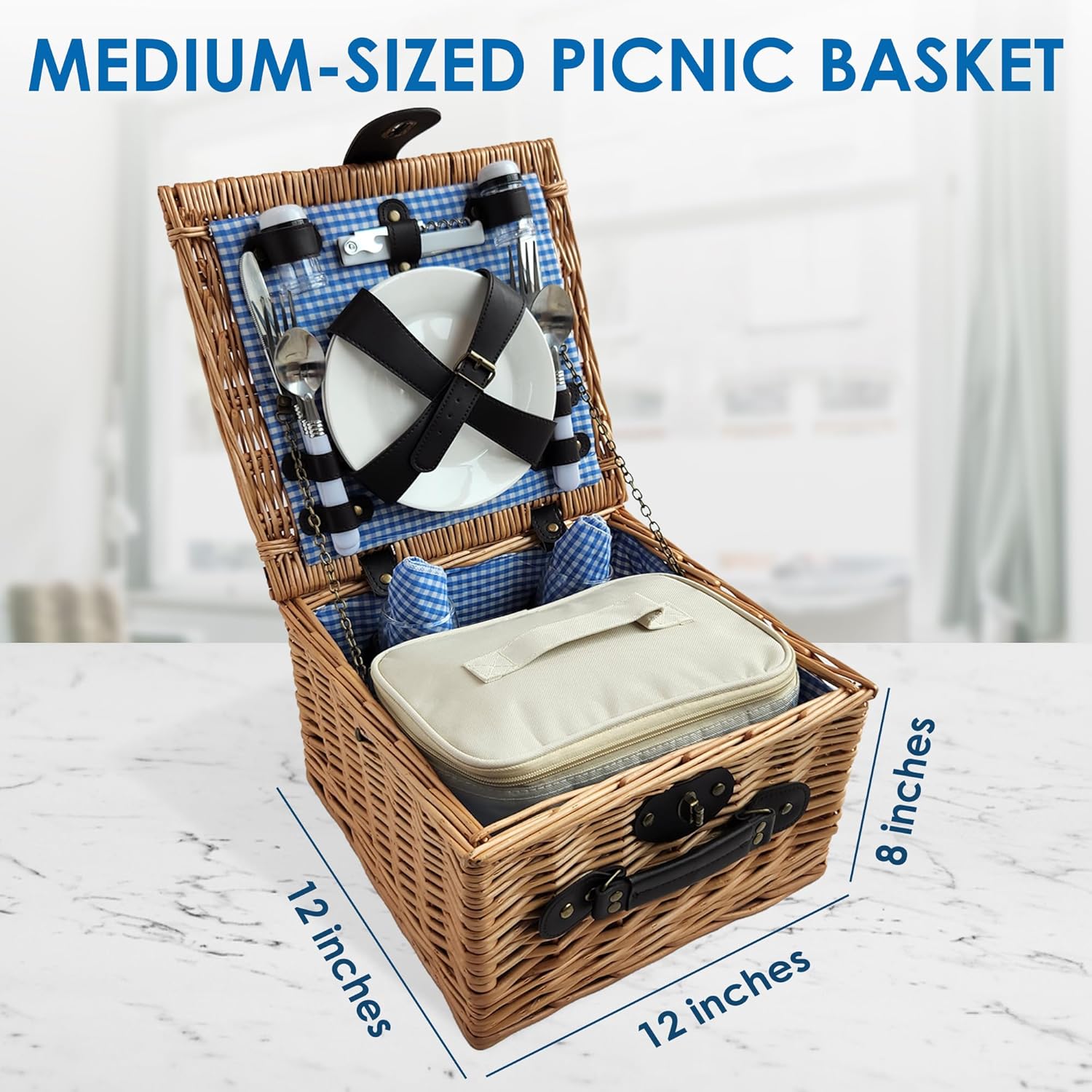 Picnic Basket Set for 2 with Insulated Liner, Waterproof Blanket, Wine Pouch, and Cutlery Service Kit - Ideal for Camping, Weddings, and Valentine's Day Gifts