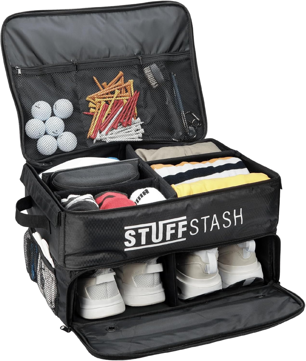 Golf Trunk Organizer - With Two Shoe Compartments, Dividers, Storage for Tees, Gloves, Balls and More - Store Accessories in Your Car or SUV - Golfer Gift Essentials for Men and Women