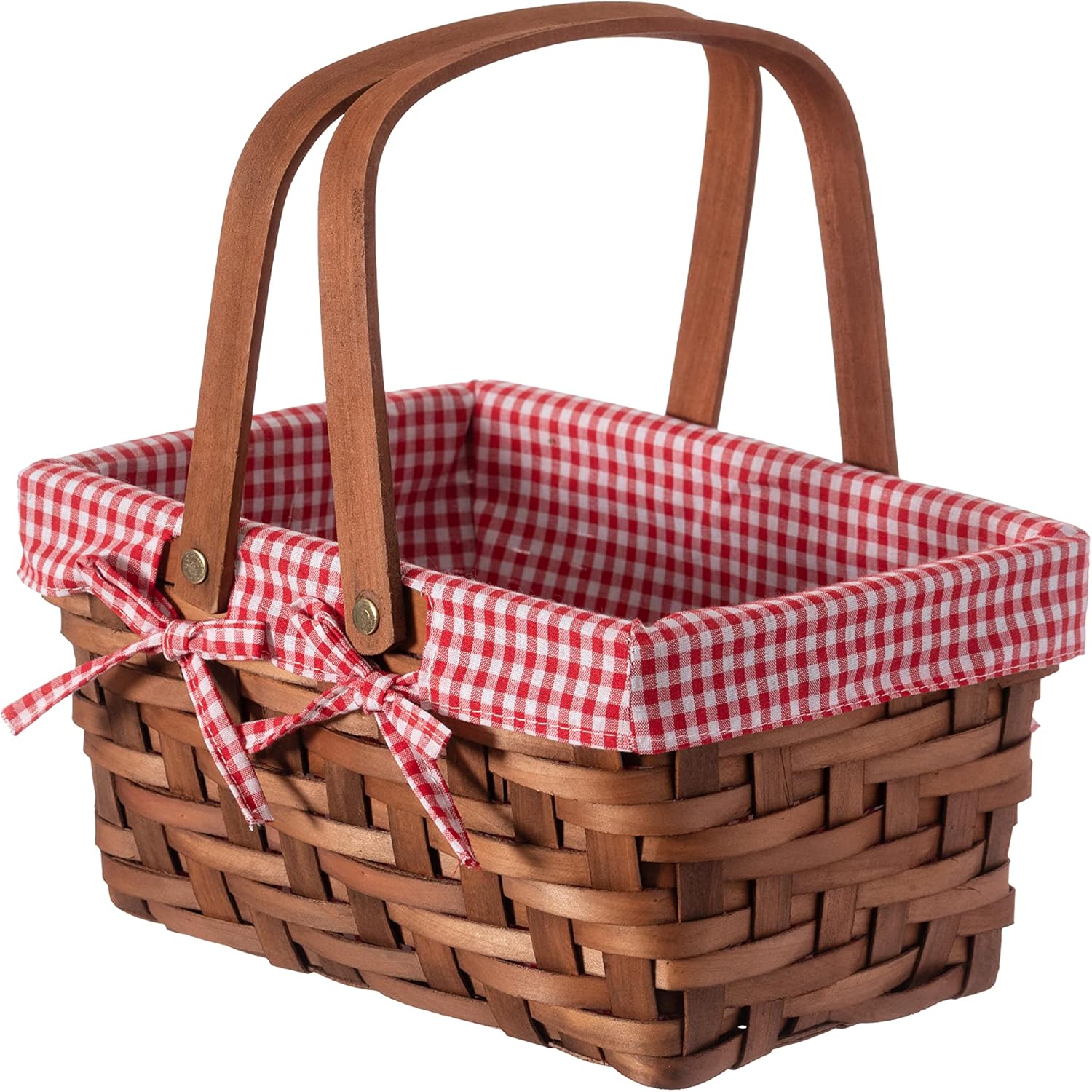 Wickerwise Small Rectangular Woodchip Picnic Baskets with Double Folding Handles, Natural Hand-Woven Basket Lined with Gingham Red and White Lining Great for Gifts