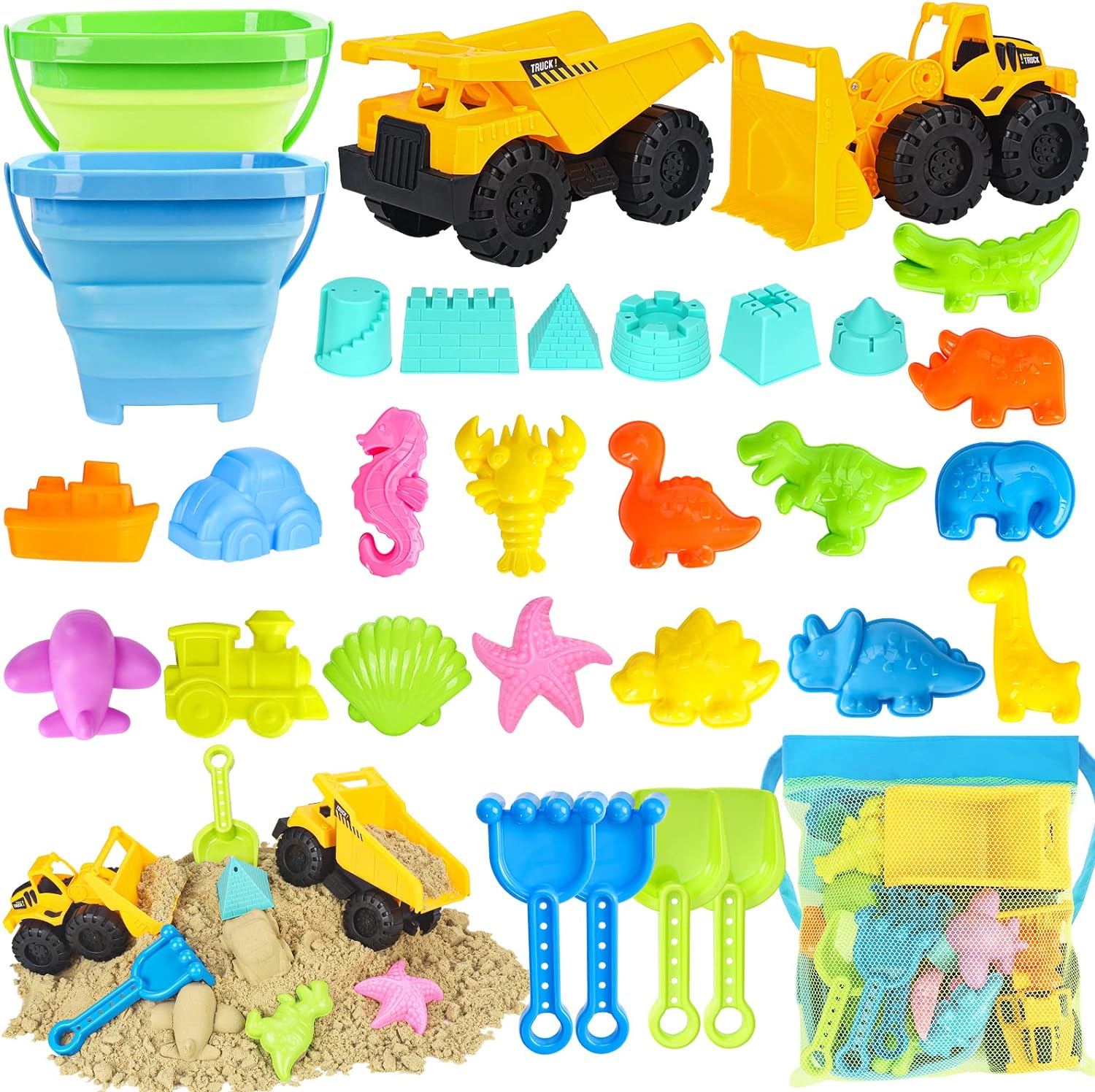 Beach Toys, 31Pcs Sand Toys, Sandbox Toys with 2 Truck 2 Collapsible Sand Bucket, Shovel Set, Sand Castle Kit, Animal Dinosaur Molds etc. Mesh Bag, Travel Toys for Kids Toddlers Boys Girls