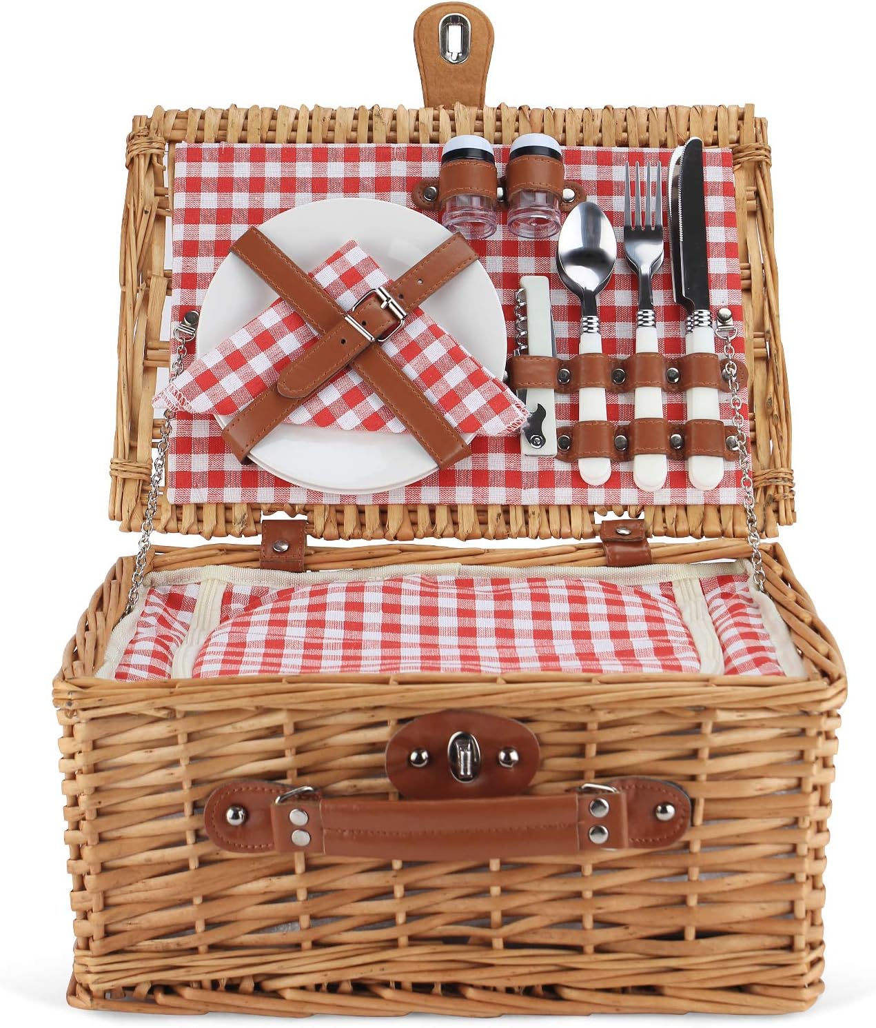 ZORMY Wicker Picnic Basket for 2 Person, Willow Hamper Basket Sets with Insulated Compartment, Handmade 2 Person Picnic Basket Classical Red Check with Utensils Cutlery Perfect for Picnic, Camping