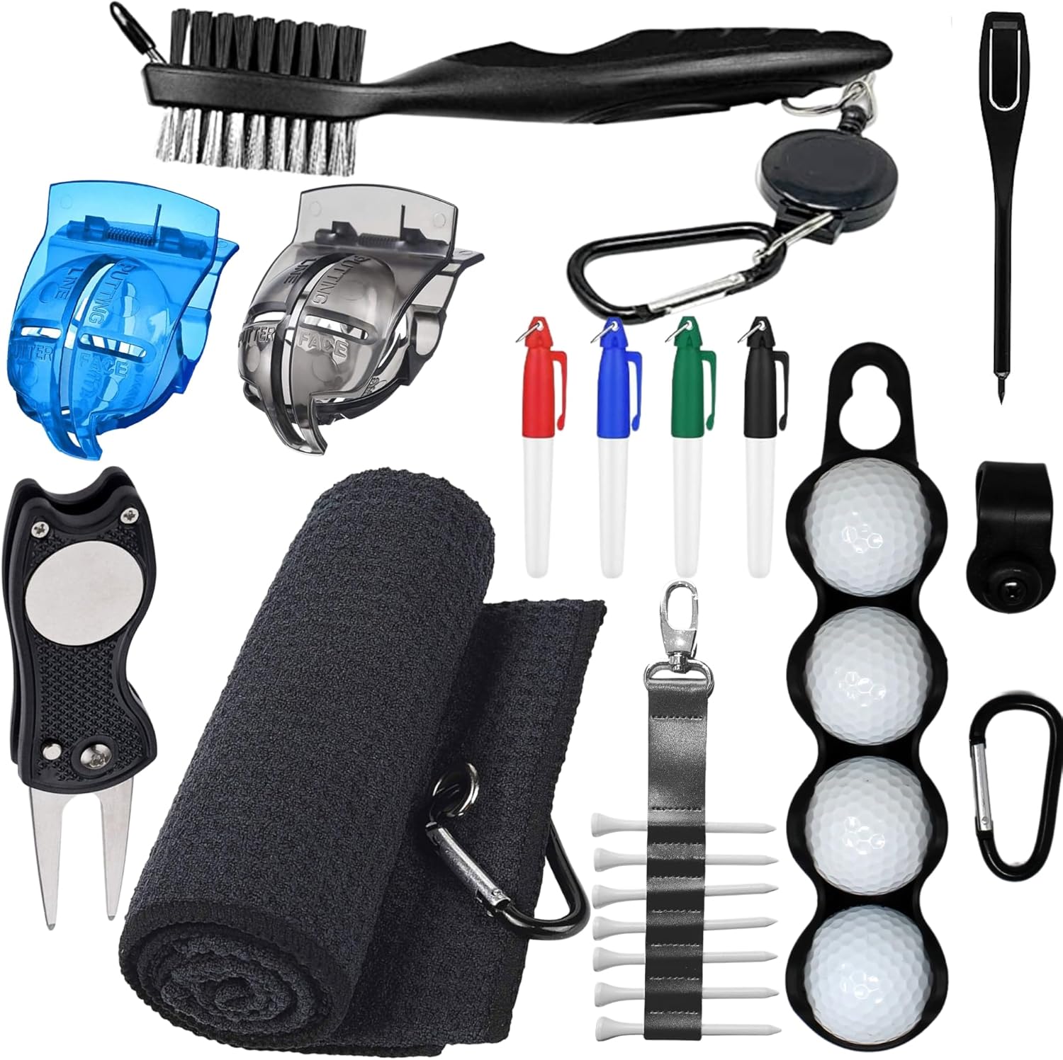 Golf Accessories Kit - Includes Towel, Ball Holder, Brush, Divot Repair Tool, 2 Ball Alignment Stencil, Tee Holder, Putting Marker, 4 Permanent Markers, Pencil