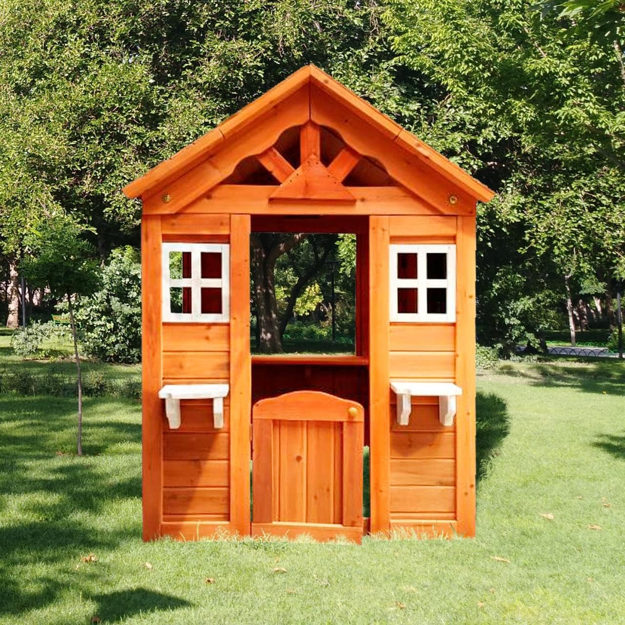 Outdoor Playhouse for Age 3-6 Years Boy Girl, Wooden Cottage Playhouse with Window & Flowerpot Holder, Play House for Outdoor Garden, Lawn, Patio, Yard.