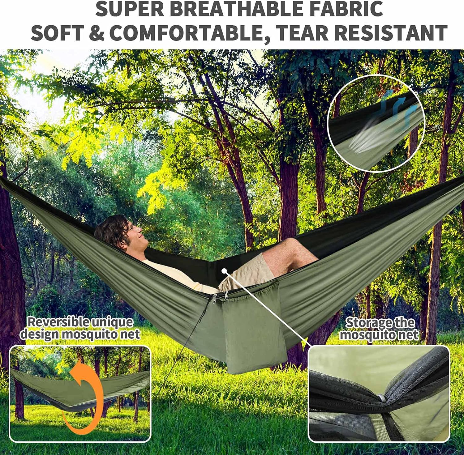 Camping Hammock - Hammocks with Mosquito Net Tent and Rain Fly Tarp, Portable Single & Double Nylon Parachute Hammock with Heavy Duty Tree Strap, Indoor Outdoor Backpacking Survival Travel