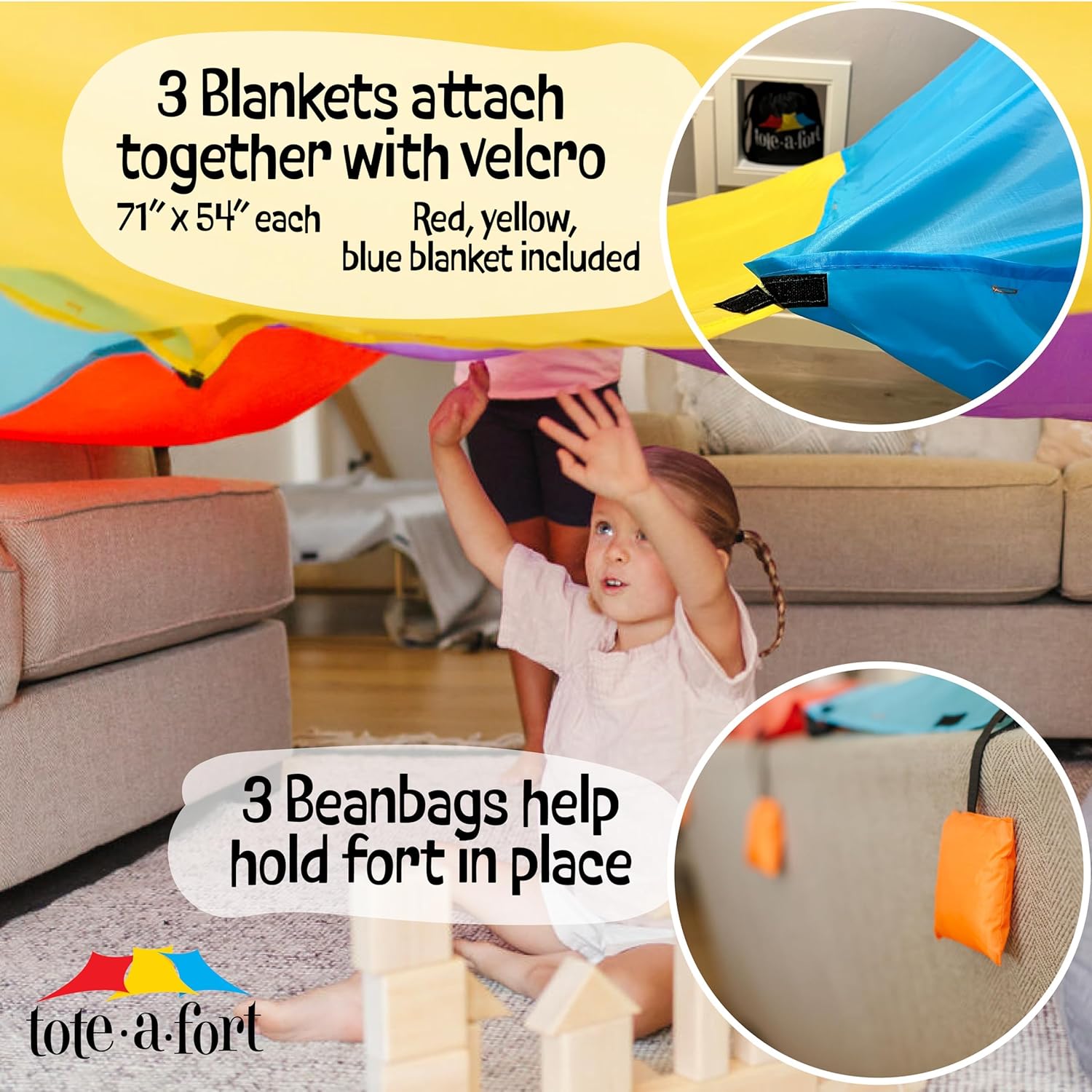 TOTEAFORT Original Blanket Fort Building Kit for Kids - Ages 2 4 6 8 10 12+ - Portable Playhouse Play Tent Fort - Boy and Girl Indoor Outdoor 3 Blanket Tote a Fort Toy Set - STEM Fort Toy