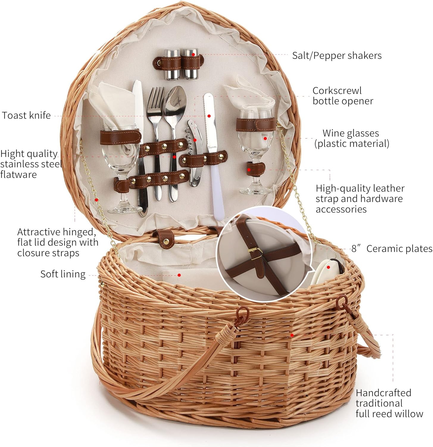 Picnic Basket for 2 Picniking heart shaped Empty Woven Wicker Willow Wood Hamper Backpack Box with Lid Cover Handle Accessories Vintage Wine Baskets for Women Bin