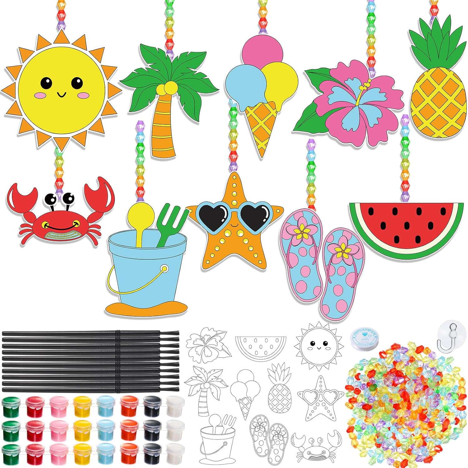 Dunzoom 30 Set Summer Window Art Suncatchers Kits Summer Beach Fruit DIY Suncatchers Craft Kits Make Your Own Suncatcher Paint Suncatchers Ornaments for Boys Girls Craft Painting Art Activity