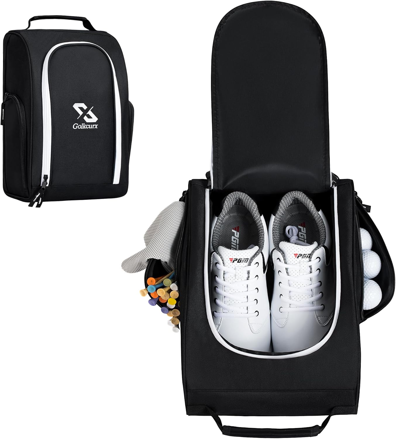 Golf Shoe Bag for Travel Zippered Sport Shoe Carrier Bags with Side Accessory Pockets for Socks, Tees, Golf Balls（Black）