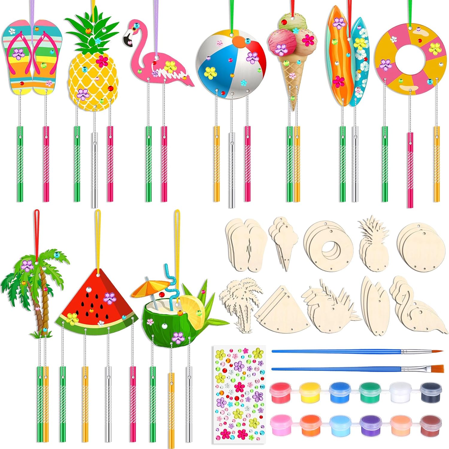 JellyArch 30 Pack Summer Wind Chime Making Kit for Kids, Summer Beach Fruit DIY Wind Chime Wooden Crafts Ornaments for Girls and Boys Activity Birthday Summer Decoration