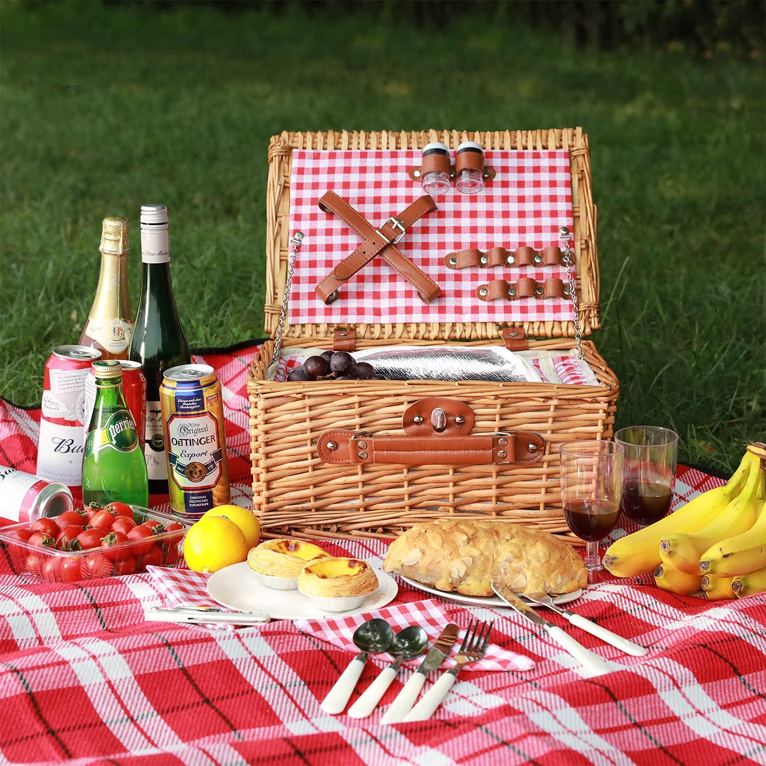 ZORMY Wicker Picnic Basket for 2 Person, Willow Hamper Basket Sets with Insulated Compartment, Handmade 2 Person Picnic Basket Classical Red Check with Utensils Cutlery Perfect for Picnic, Camping