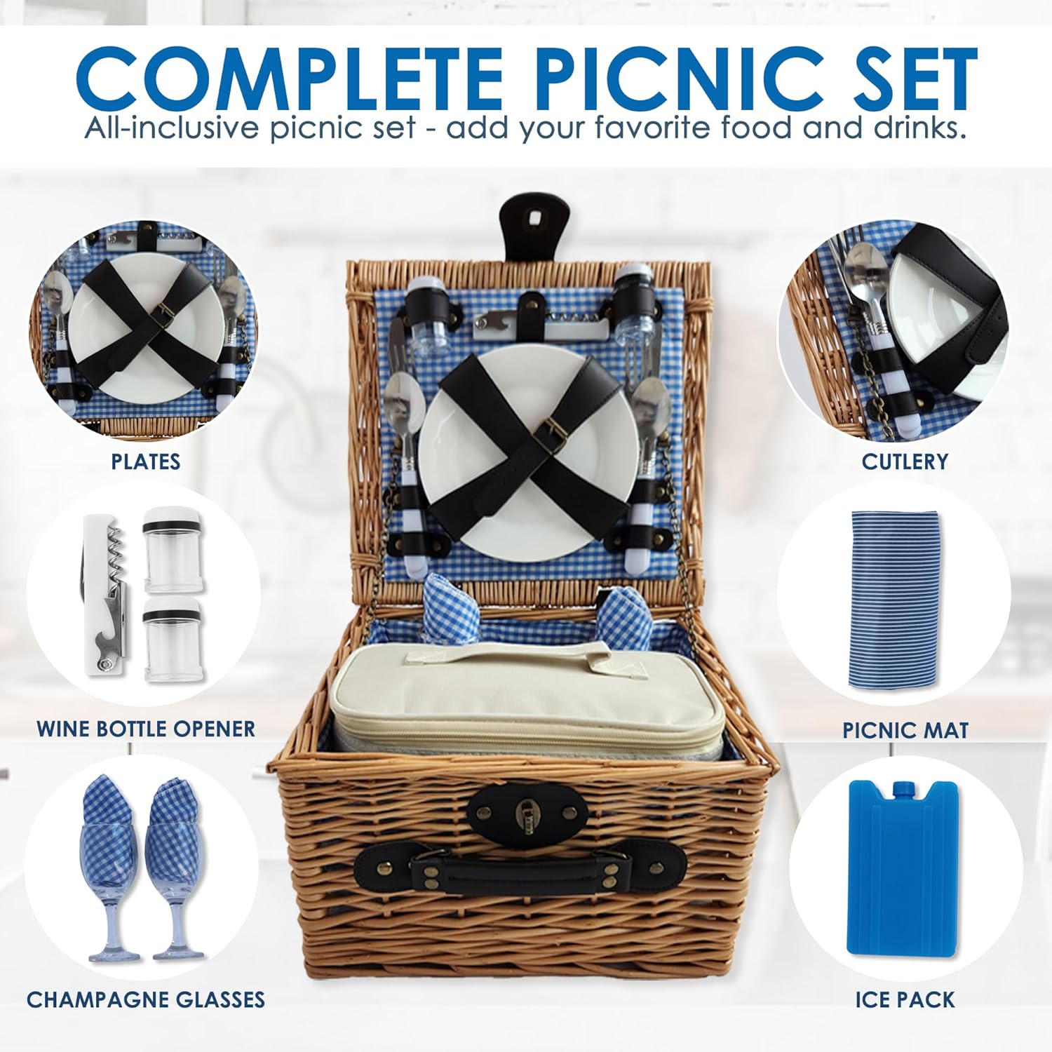 Picnic Basket Set for 2 with Insulated Liner, Waterproof Blanket, Wine Pouch, and Cutlery Service Kit - Ideal for Camping, Weddings, and Valentine's Day Gifts