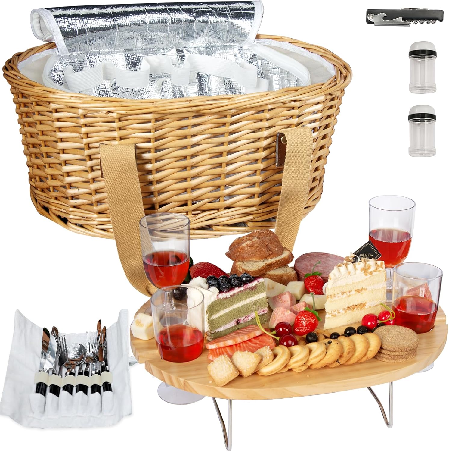 Hap Tim Wicker Picnic Basket Set for 4 with Mini Folding Wine Picnic Table & Large Insulated Cooler Bag & Cutlery Service Kits for 4 Person, Couples Gifts, Wedding Gifts (Y2209-4-CM)