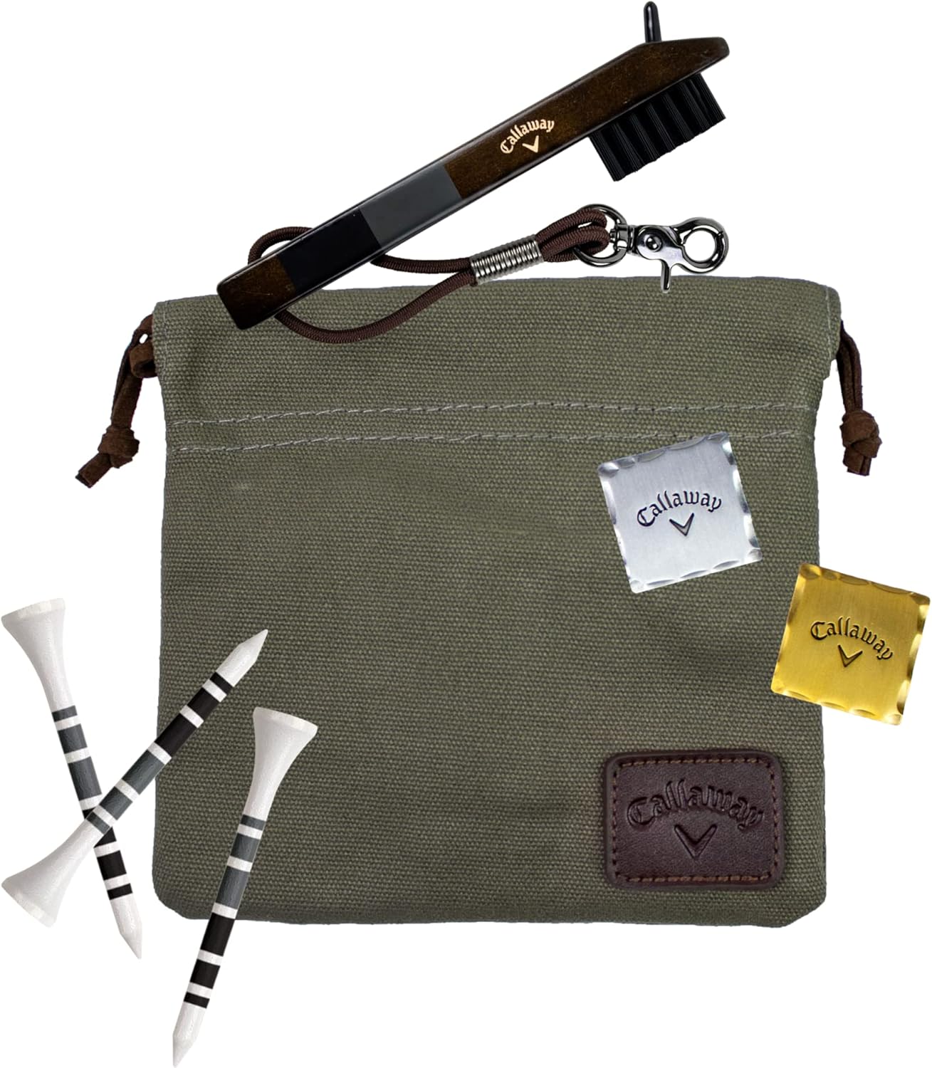 Callaway Heritage Golf Accessories Kit - features a premium club brush, valuables pouch, tees and a gold and Silver metal golf ball marker